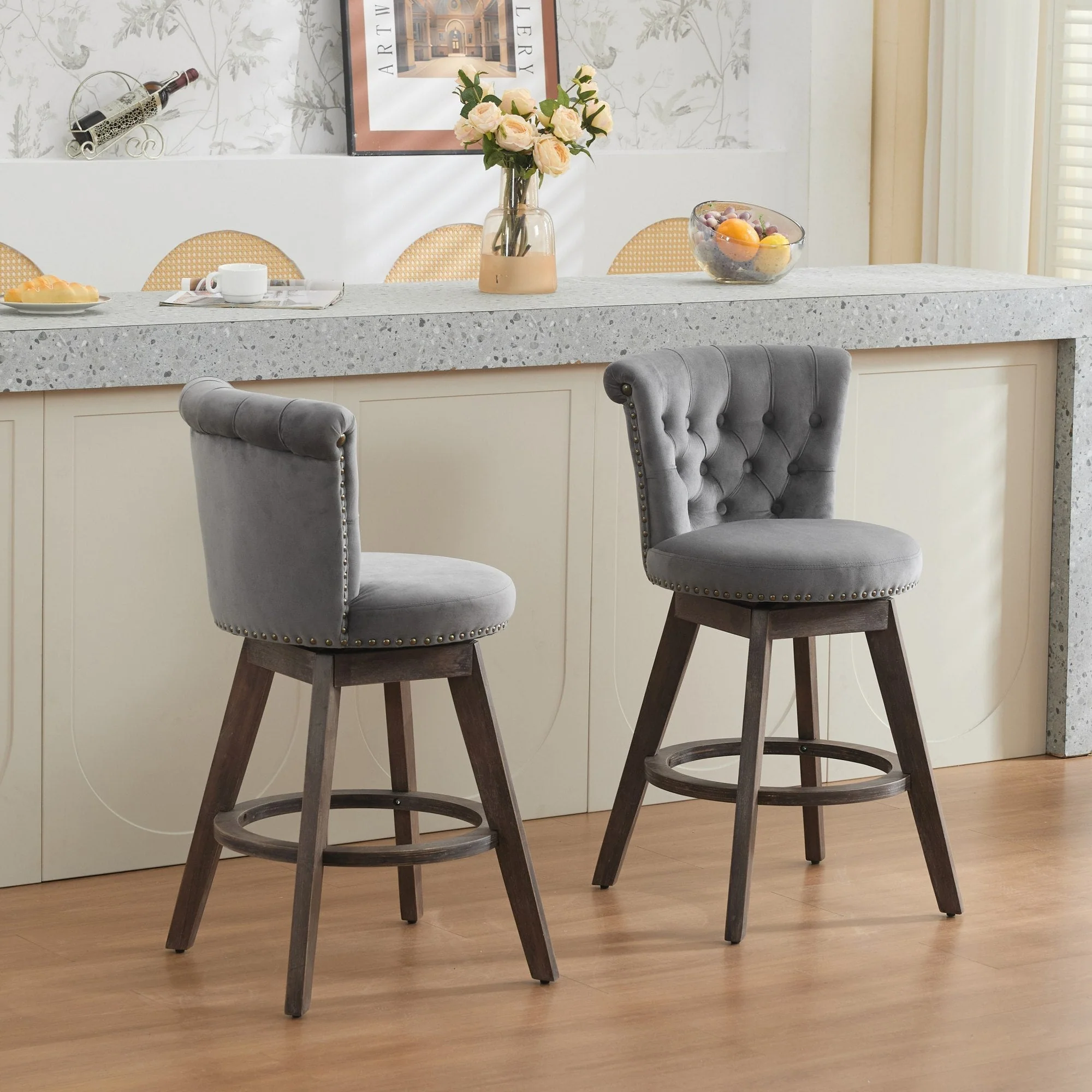 26" Counter Height Bar Stools Set of 2 with 360° Swivel and Velvet Upholstery - Image 14
