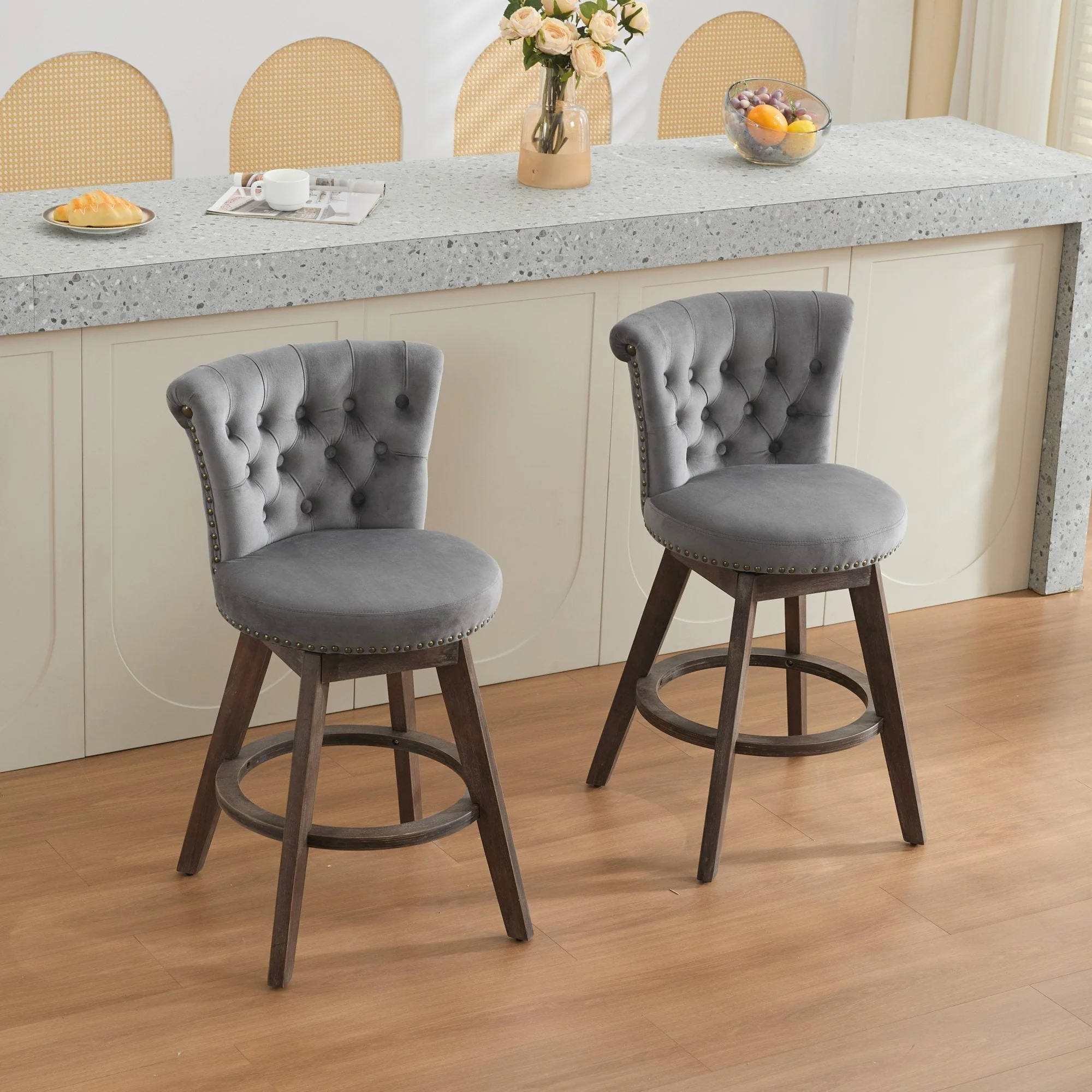 26" Counter Height Bar Stools Set of 2 with 360° Swivel and Velvet Upholstery - Image 15