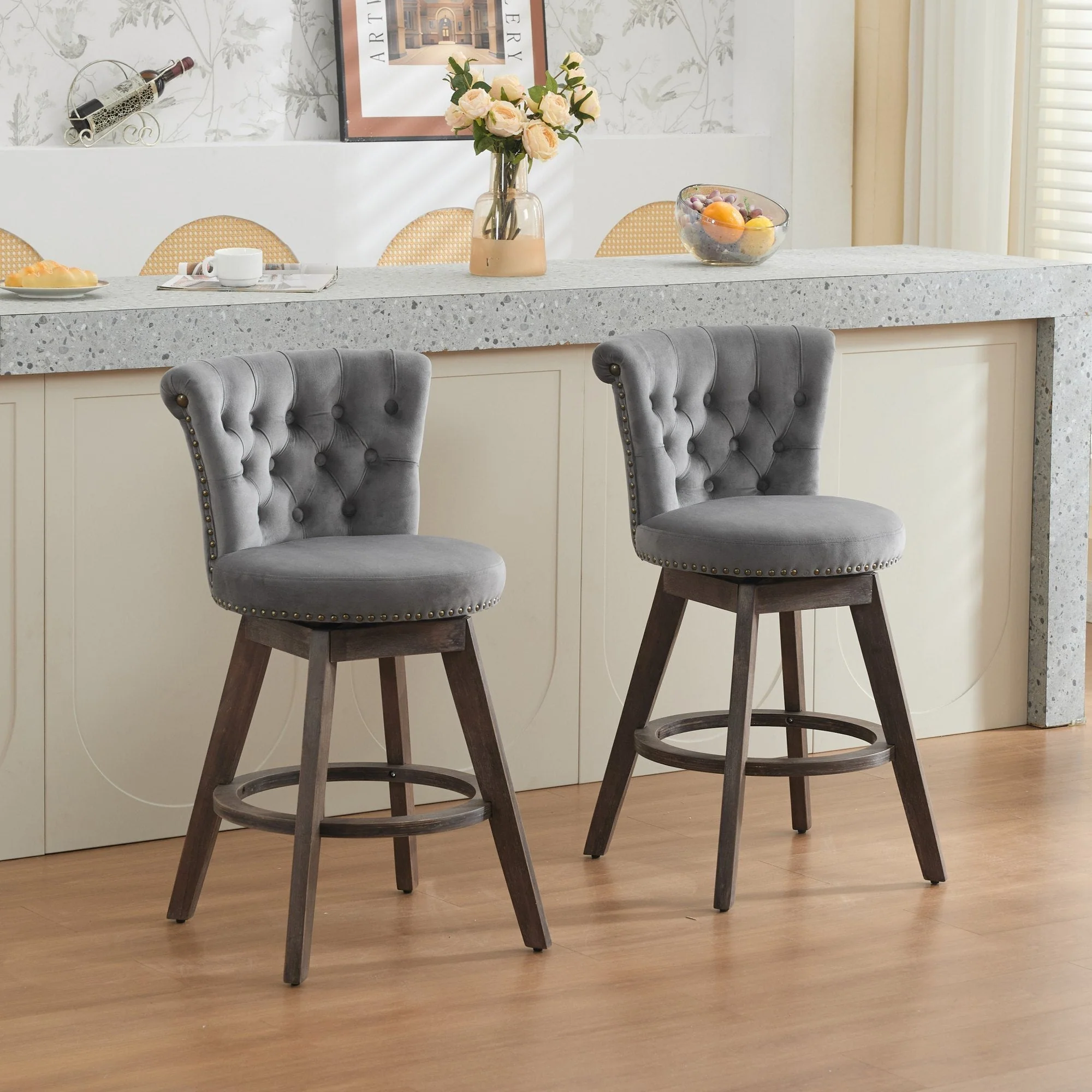 26" Counter Height Bar Stools Set of 2 with 360° Swivel and Velvet Upholstery - Image 16