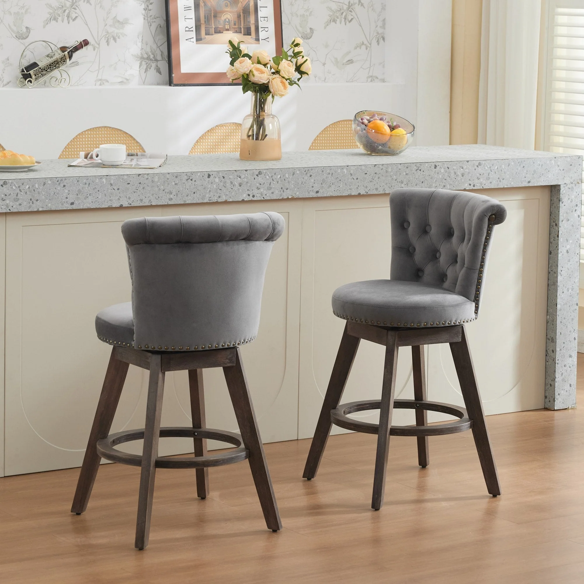 26" Counter Height Bar Stools Set of 2 with 360° Swivel and Velvet Upholstery - Image 17