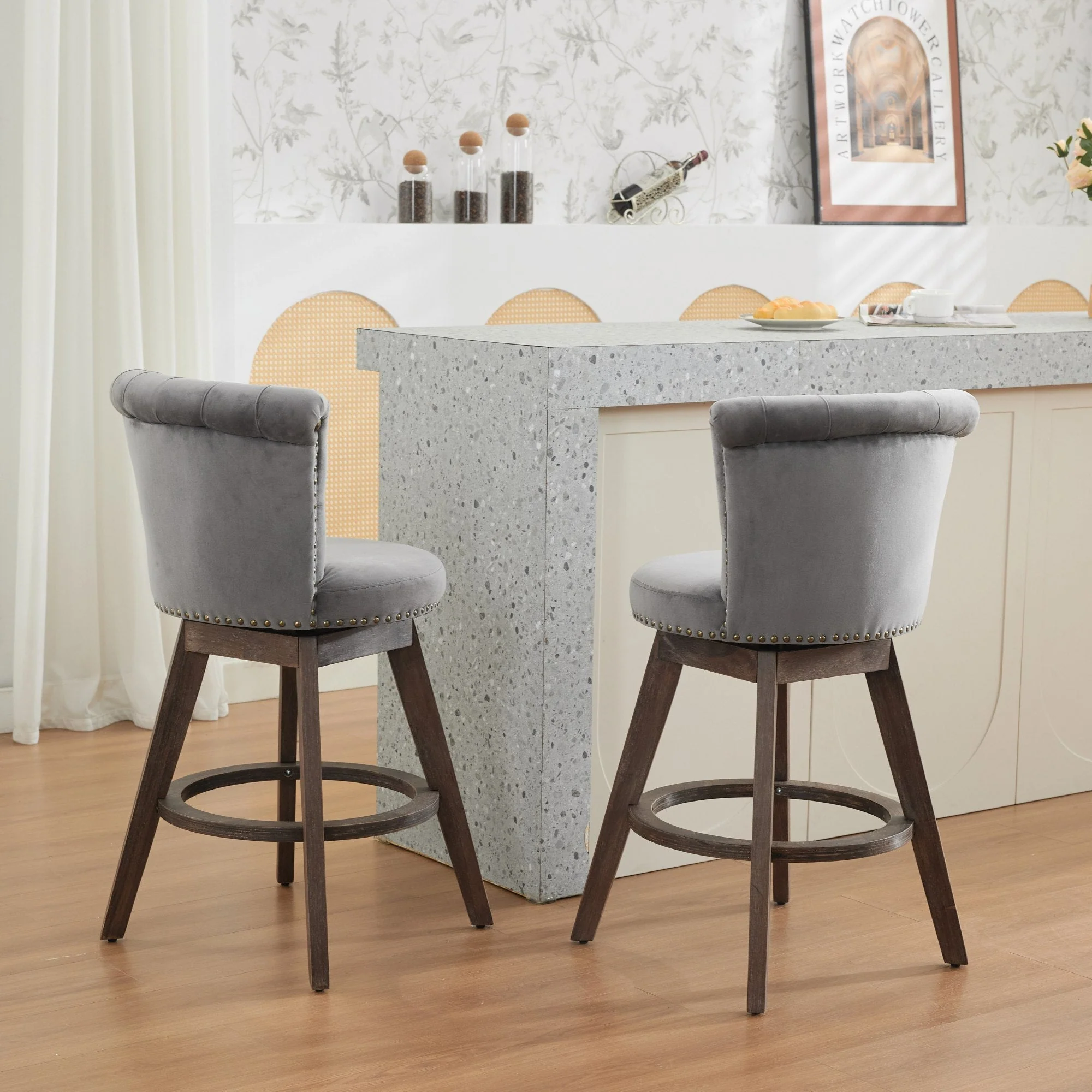 26" Counter Height Bar Stools Set of 2 with 360° Swivel and Velvet Upholstery - Image 20