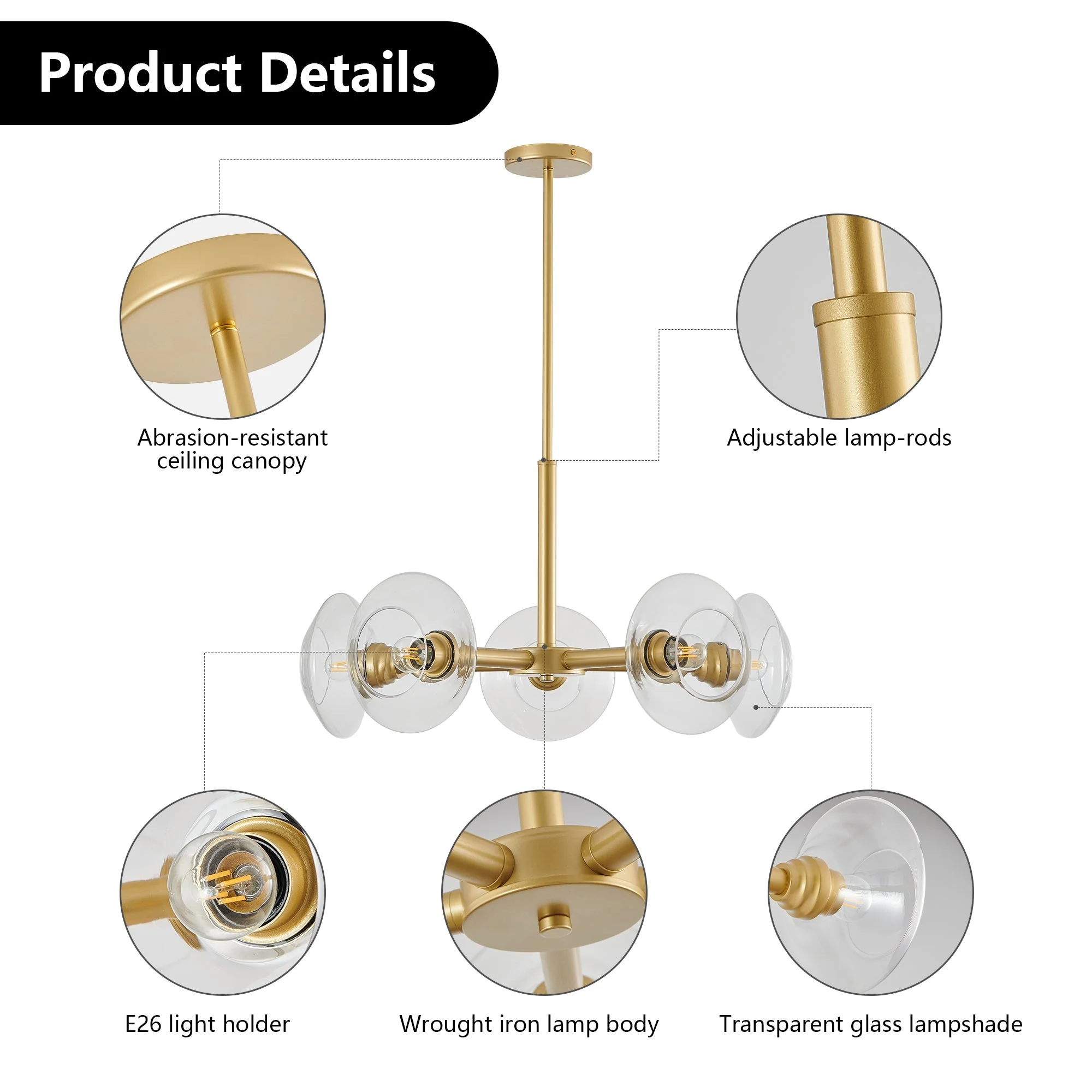 26" Modern Gold 5-Light Sputnik Chandelier with Clear Glass Shades - Image 9
