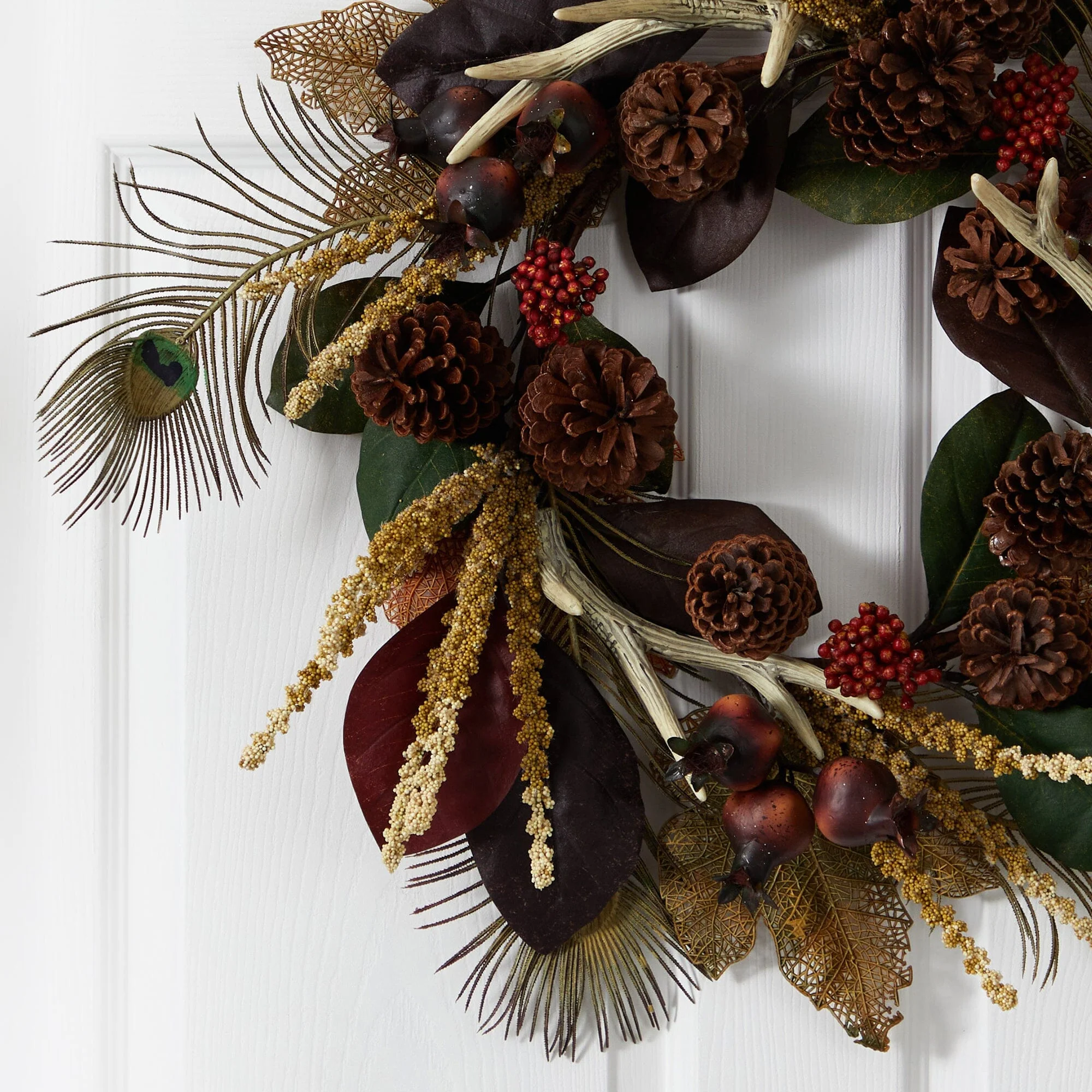 27” Magnolia Leaf, Berry, Antler and Peacock Artificial Wreath - Image 2