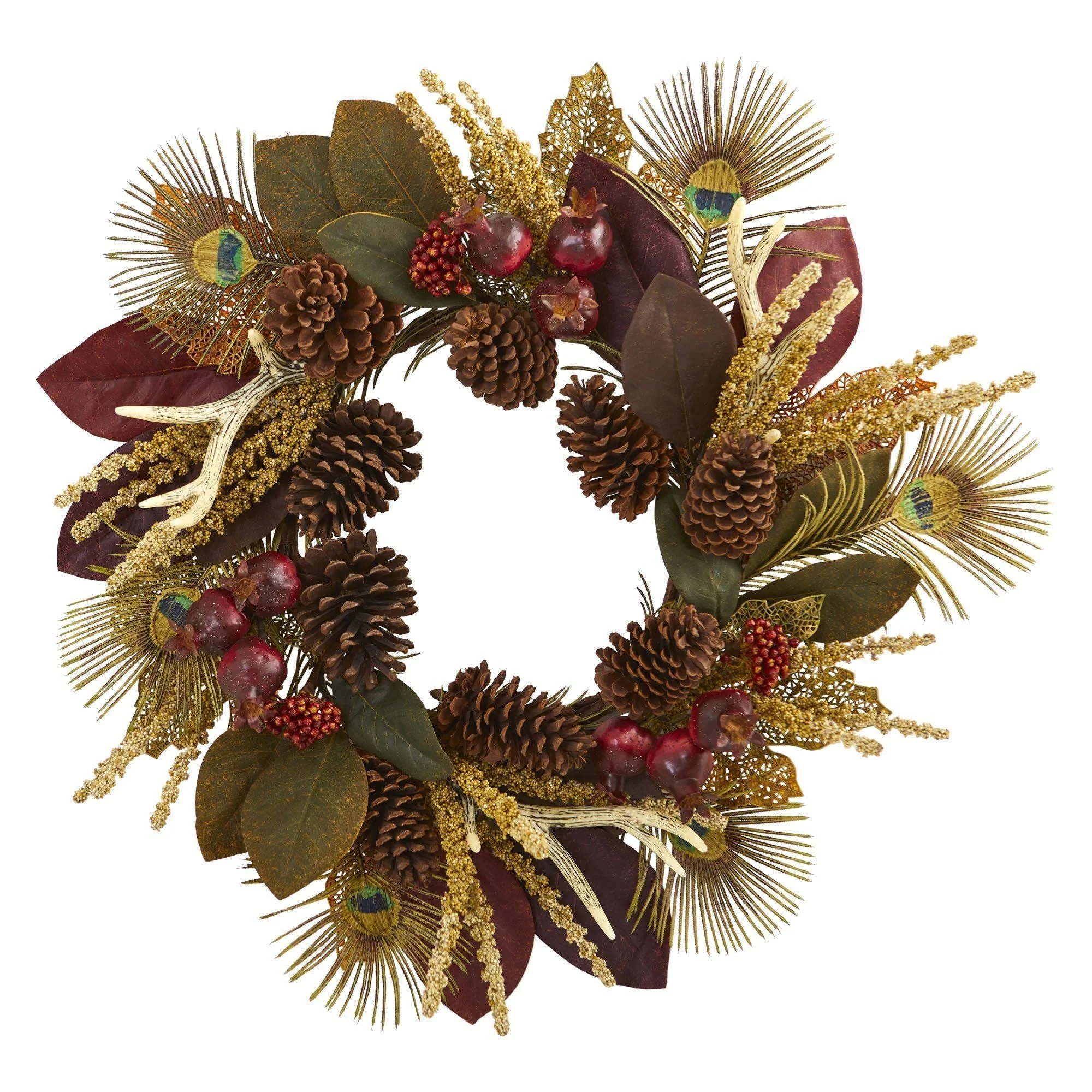 27” Magnolia Leaf, Berry, Antler and Peacock Artificial Wreath - Image 3