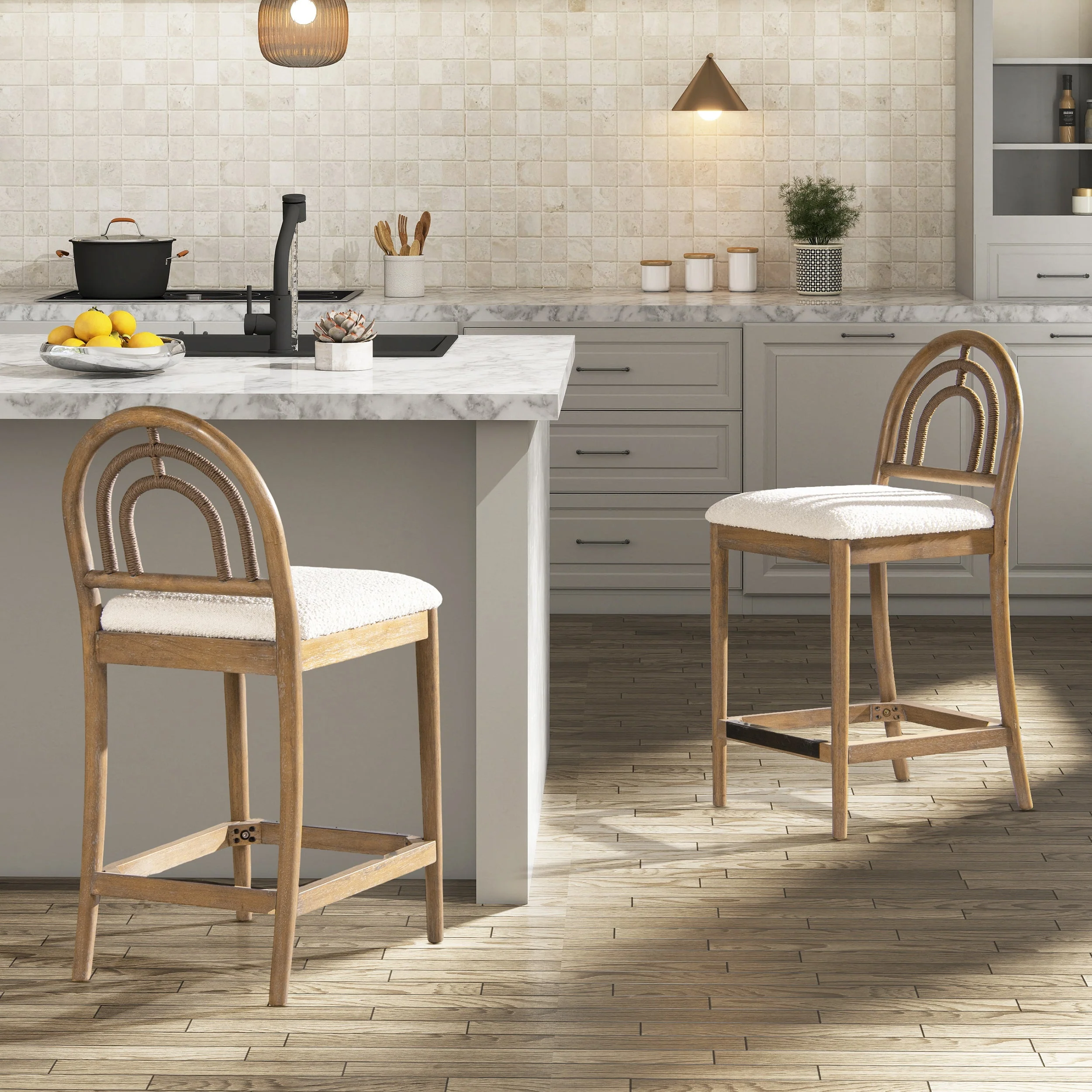 27" Upholstered Counter Stool Set of 2 with Arched Wood Back - Image 4