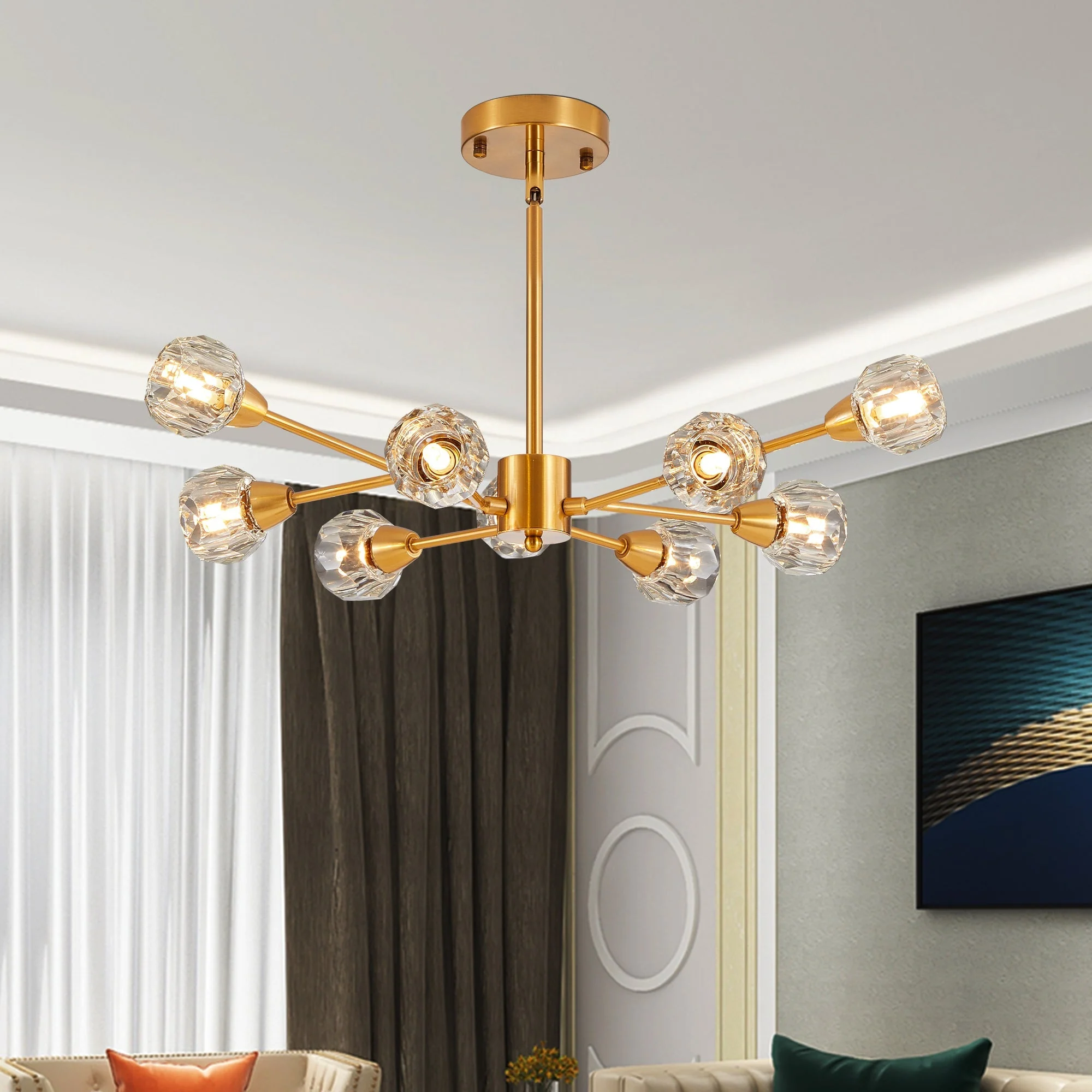28" Modern Crystal Chandelier with 9 Lights in Golden Finish - Image 2