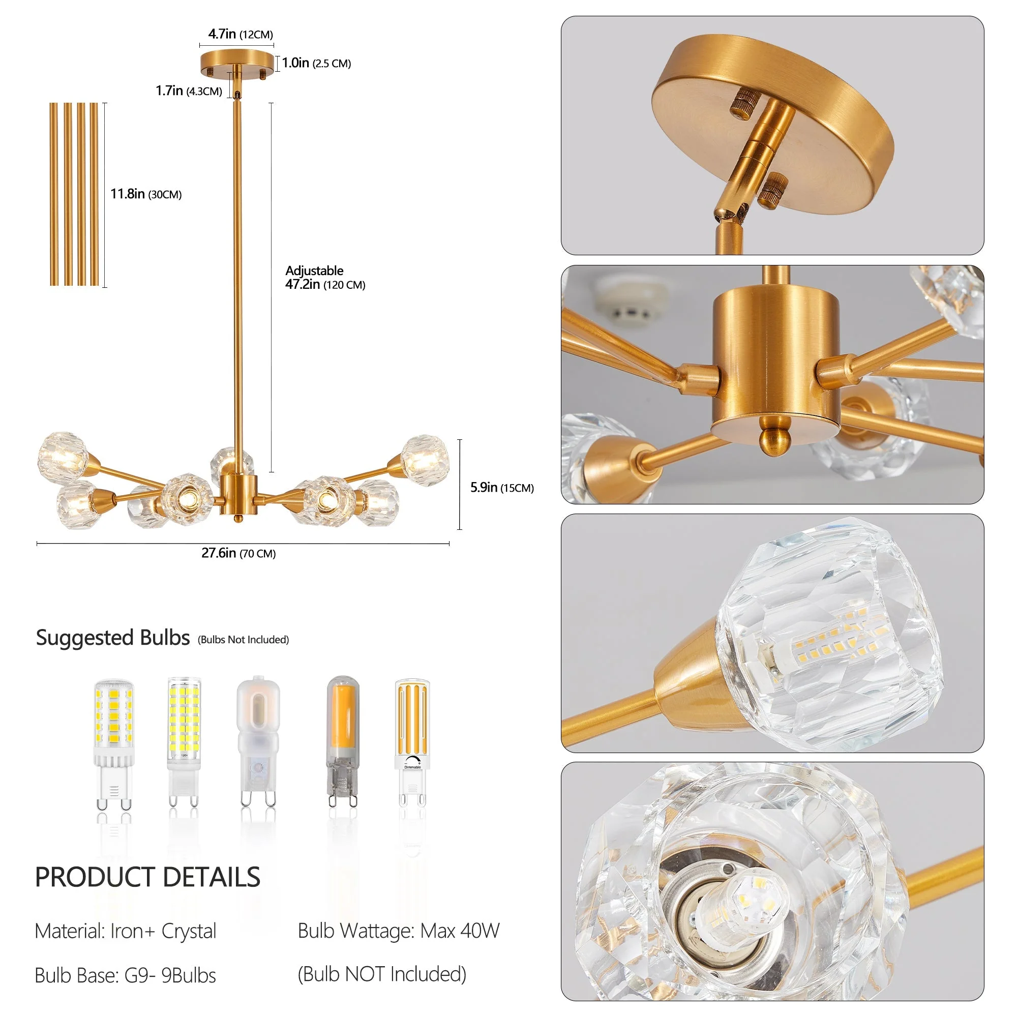 28" Modern Crystal Chandelier with 9 Lights in Golden Finish - Image 8