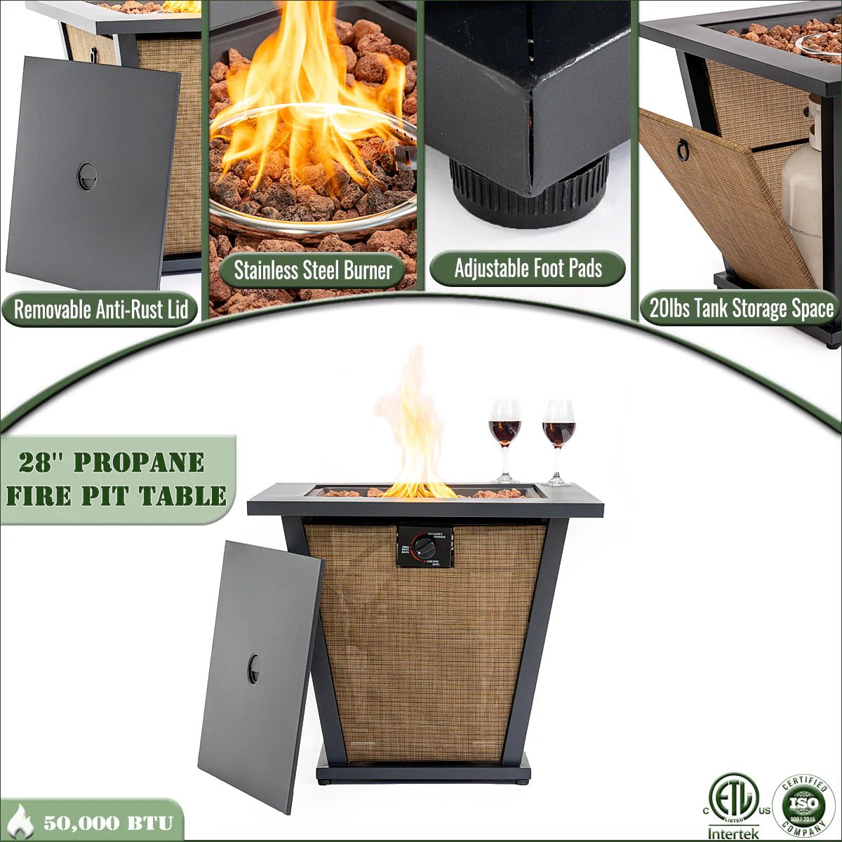 28" Propane Gas Fire Pit Table - 50000 BTU Square Steel Fire Pit - Image 10