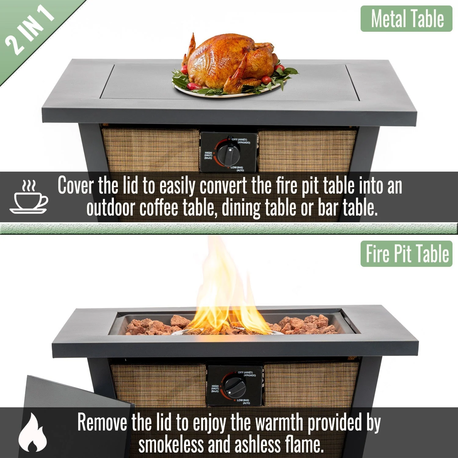 28" Propane Gas Fire Pit Table - 50000 BTU Square Steel Fire Pit - Image 3