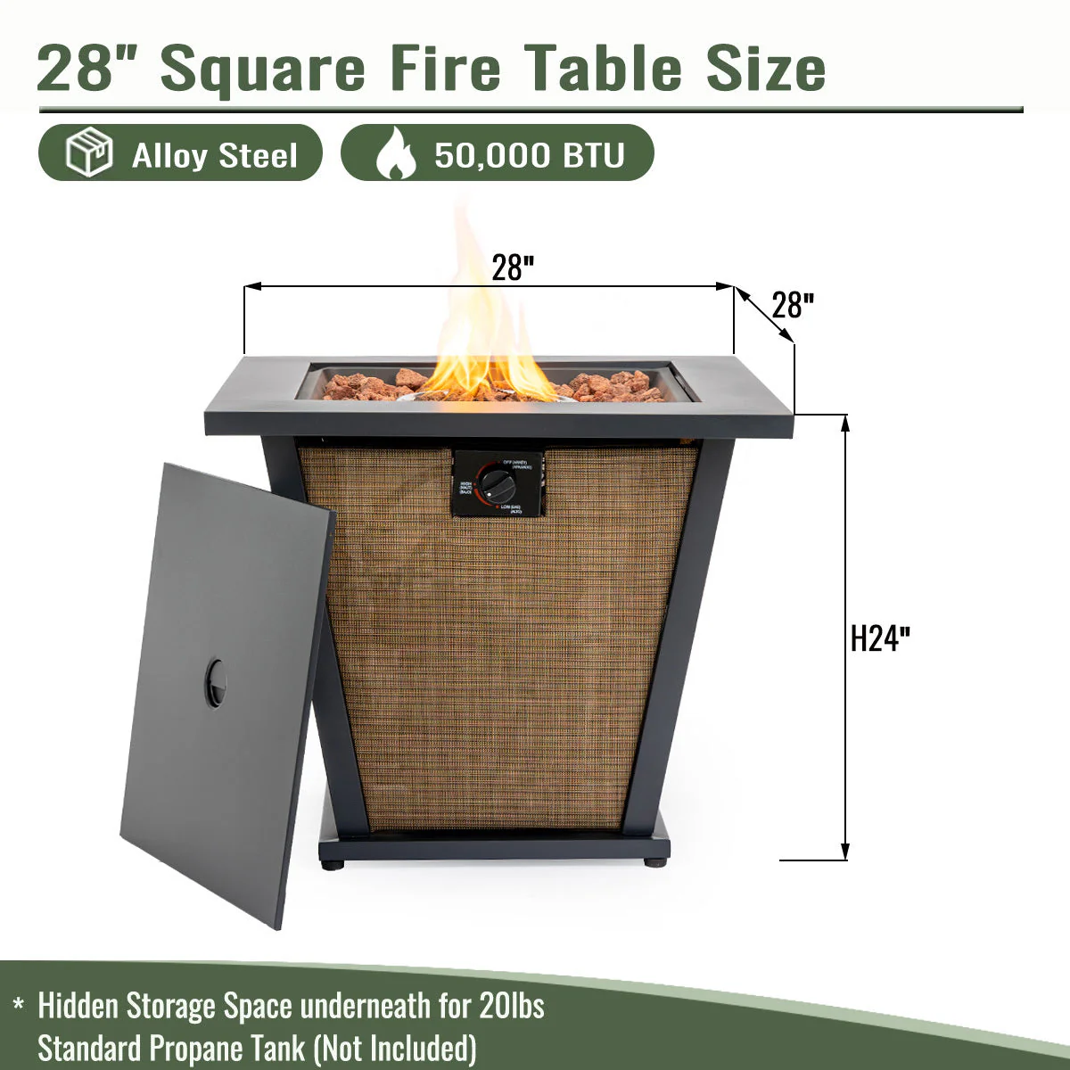 28" Propane Gas Fire Pit Table - 50000 BTU Square Steel Fire Pit - Image 9