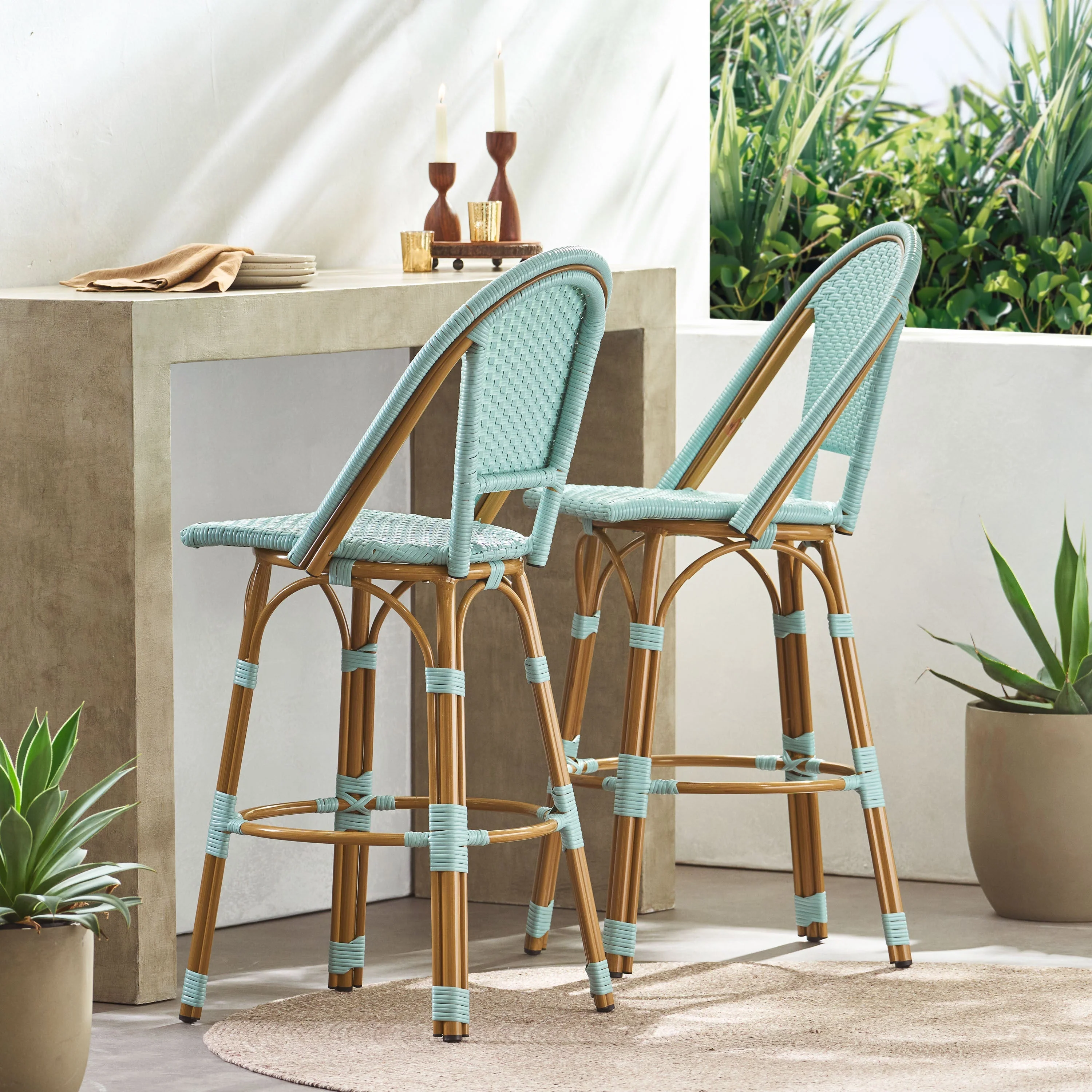 29.5' Outdoor PE Rattan and Aluminum French Barstools, Set of 2 - Image 2