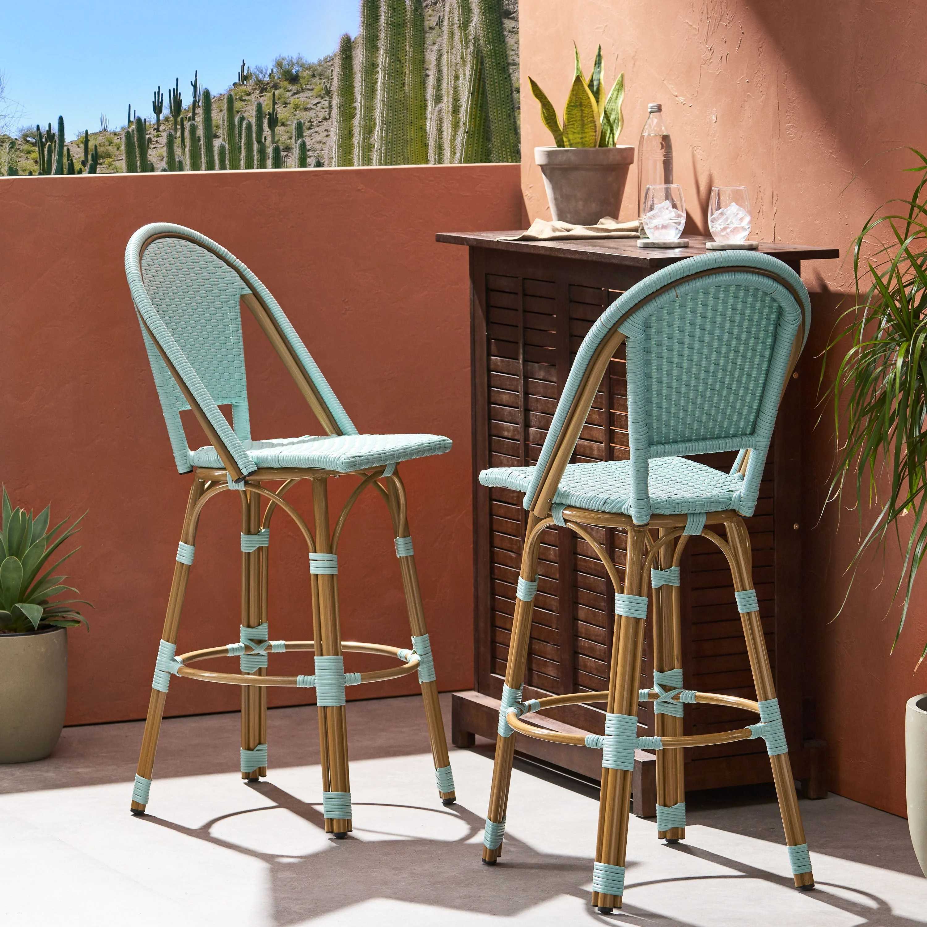29.5' Outdoor PE Rattan and Aluminum French Barstools, Set of 2 - Image 3