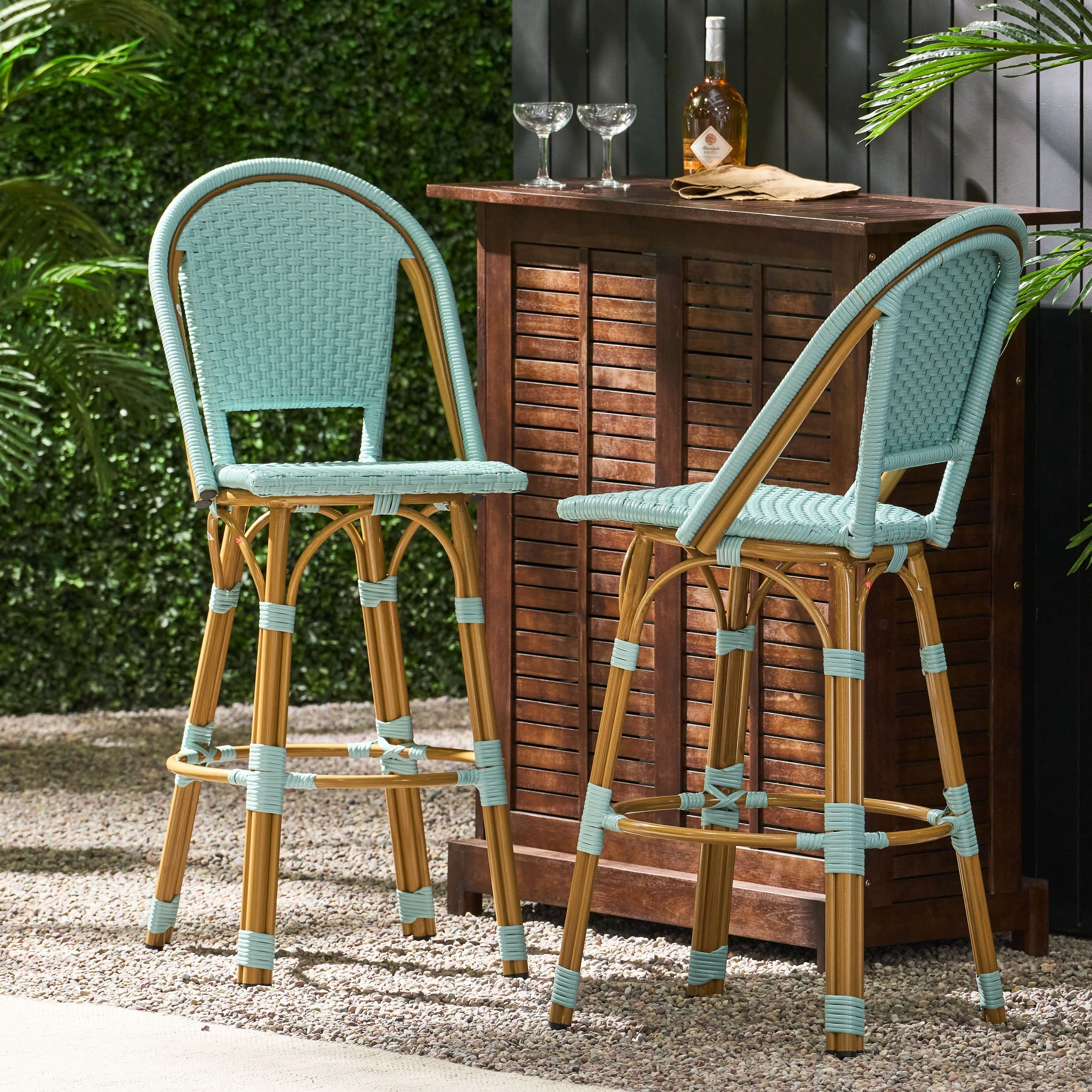 29.5' Outdoor PE Rattan and Aluminum French Barstools, Set of 2 - Image 4