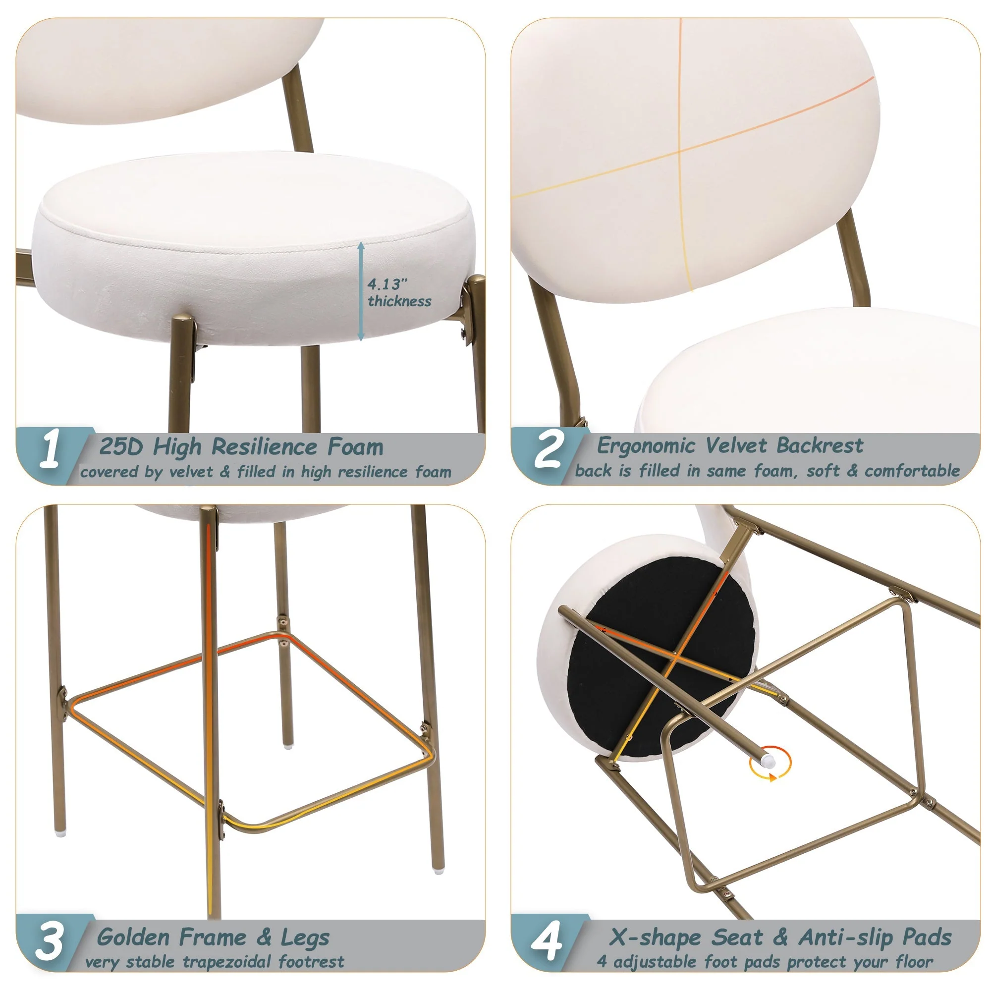 29'' Upholstered Velvet Bar Stools with Backrest & Footrest Set of 2 - Image 9