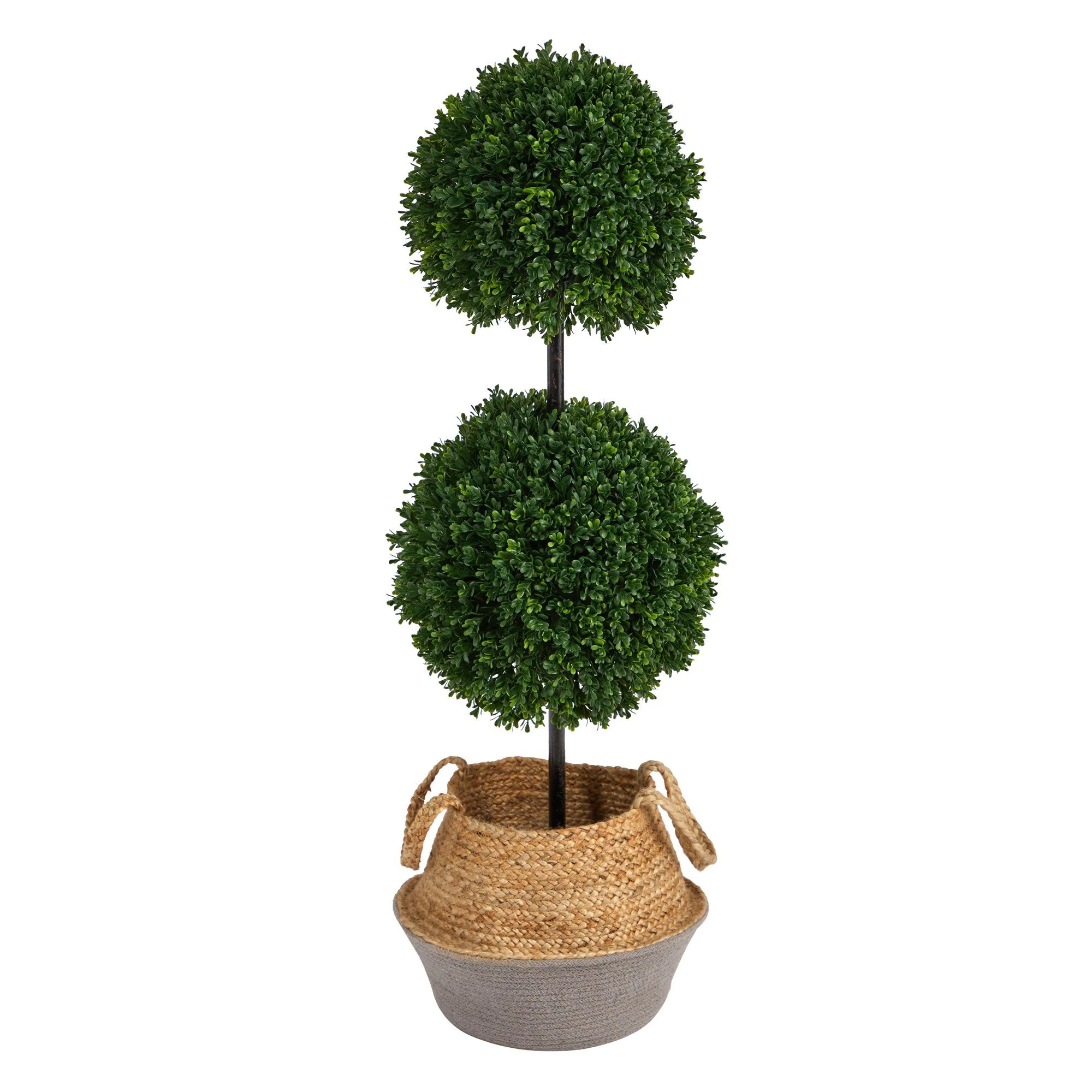 3.5’ Artificial Boxwood Double Ball Topiary Tree in Boho Chic Handmade Cotton & Jute Planter UV Resistant - Image 2