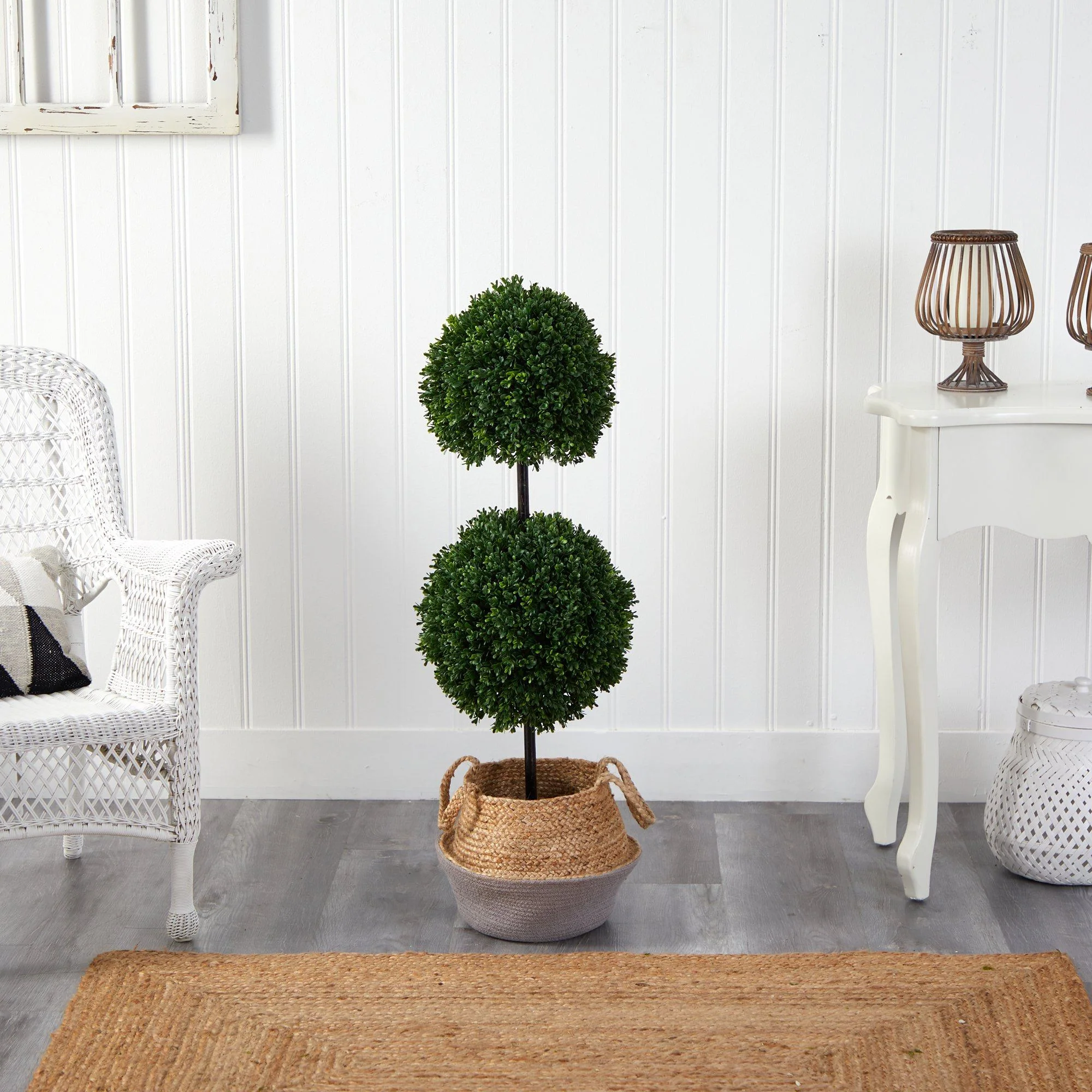 3.5’ Artificial Boxwood Double Ball Topiary Tree in Boho Chic Handmade Cotton & Jute Planter UV Resistant - Image 3