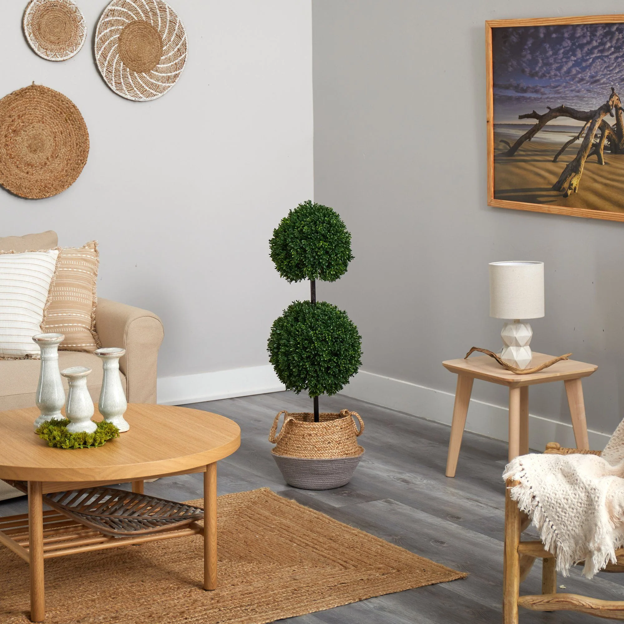 3.5’ Artificial Boxwood Double Ball Topiary Tree in Boho Chic Handmade Cotton & Jute Planter UV Resistant - Image 4
