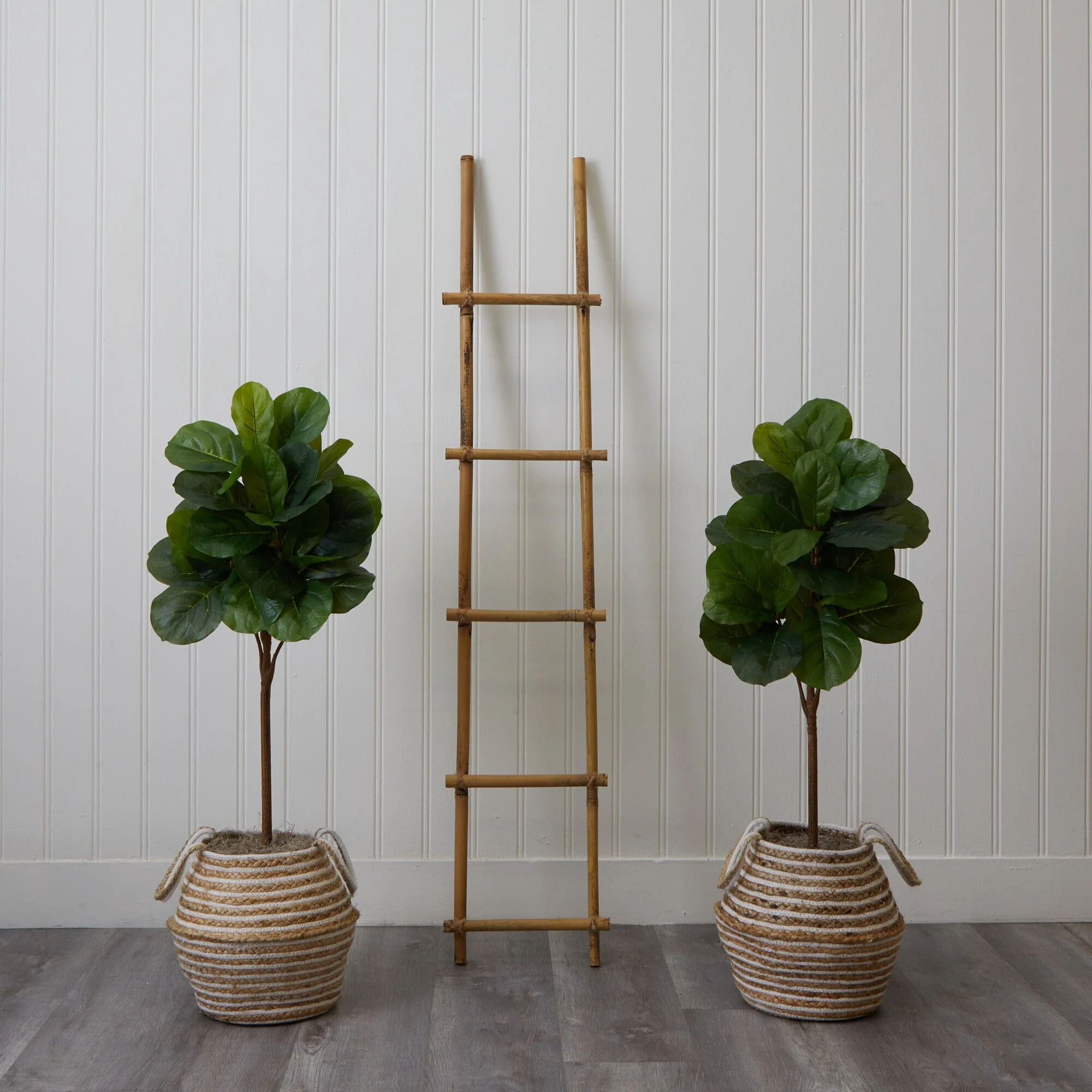 3.5' Artificial Fiddle Leaf Fig Tree with Handmade Jute & Cotton Basket with Tassels DIY KIT - Set of 2 - Image 2