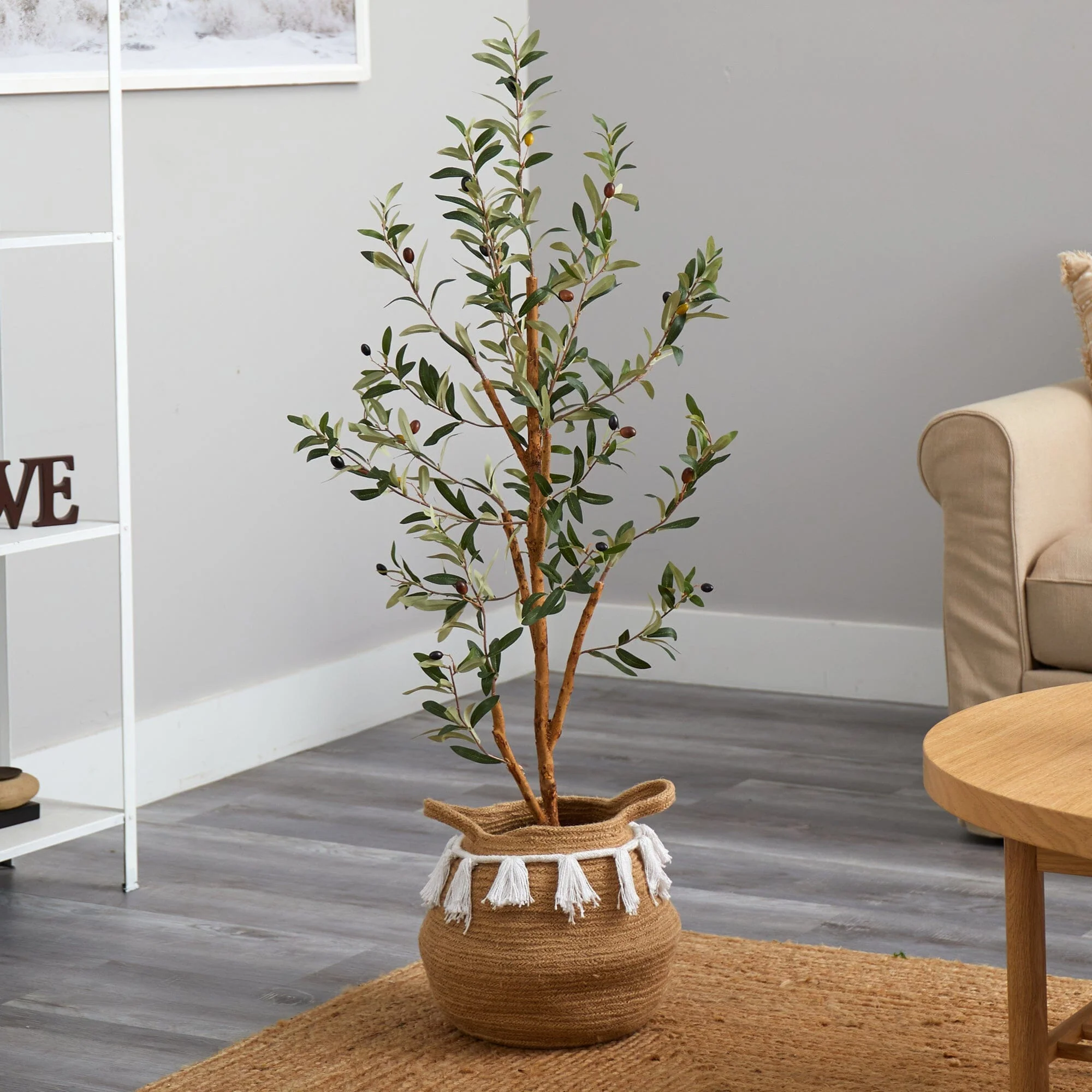 3.5’ Artificial Olive Tree with Handmade Jute & Cotton Basket with Tassels - Image 2