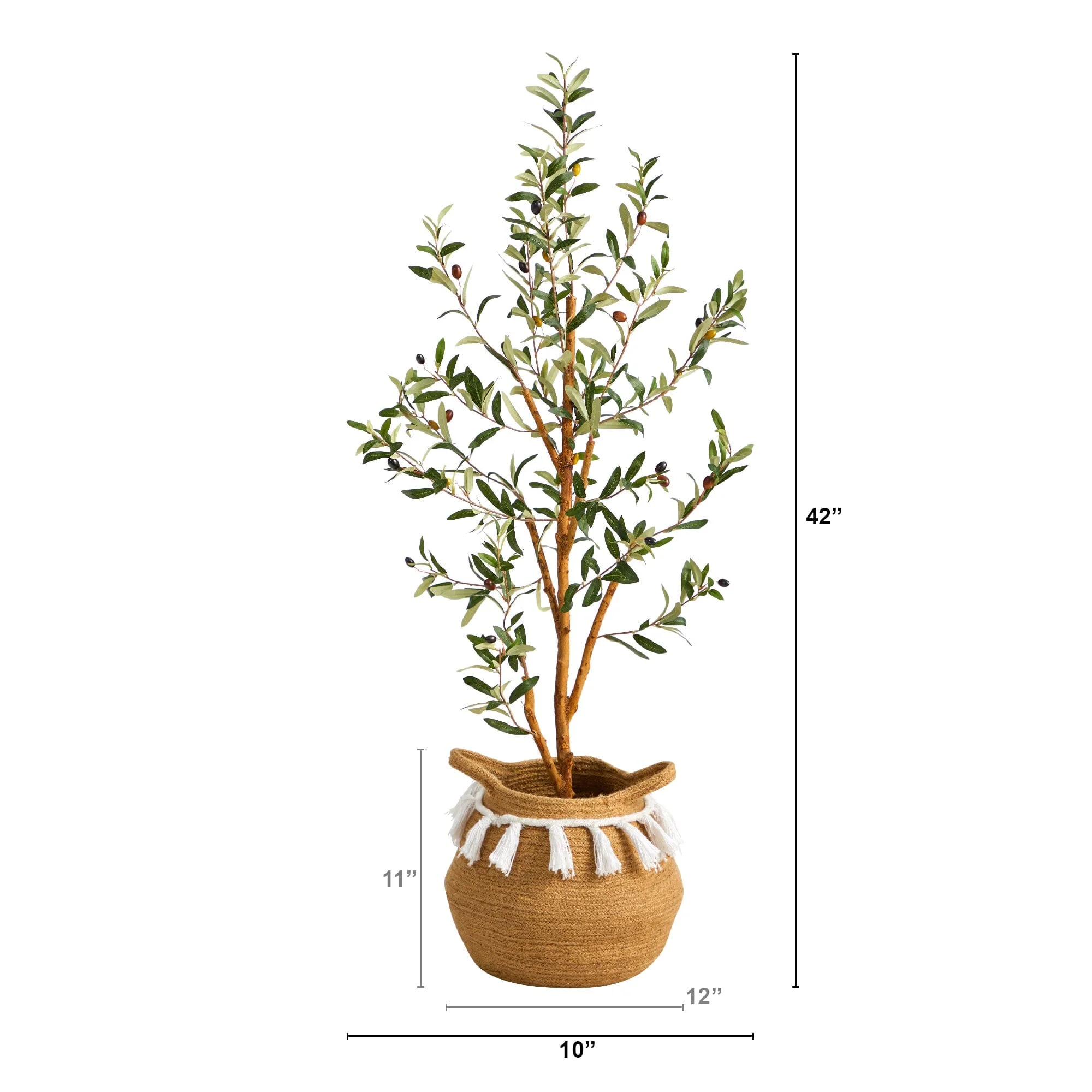 3.5’ Artificial Olive Tree with Handmade Jute & Cotton Basket with Tassels - Image 3