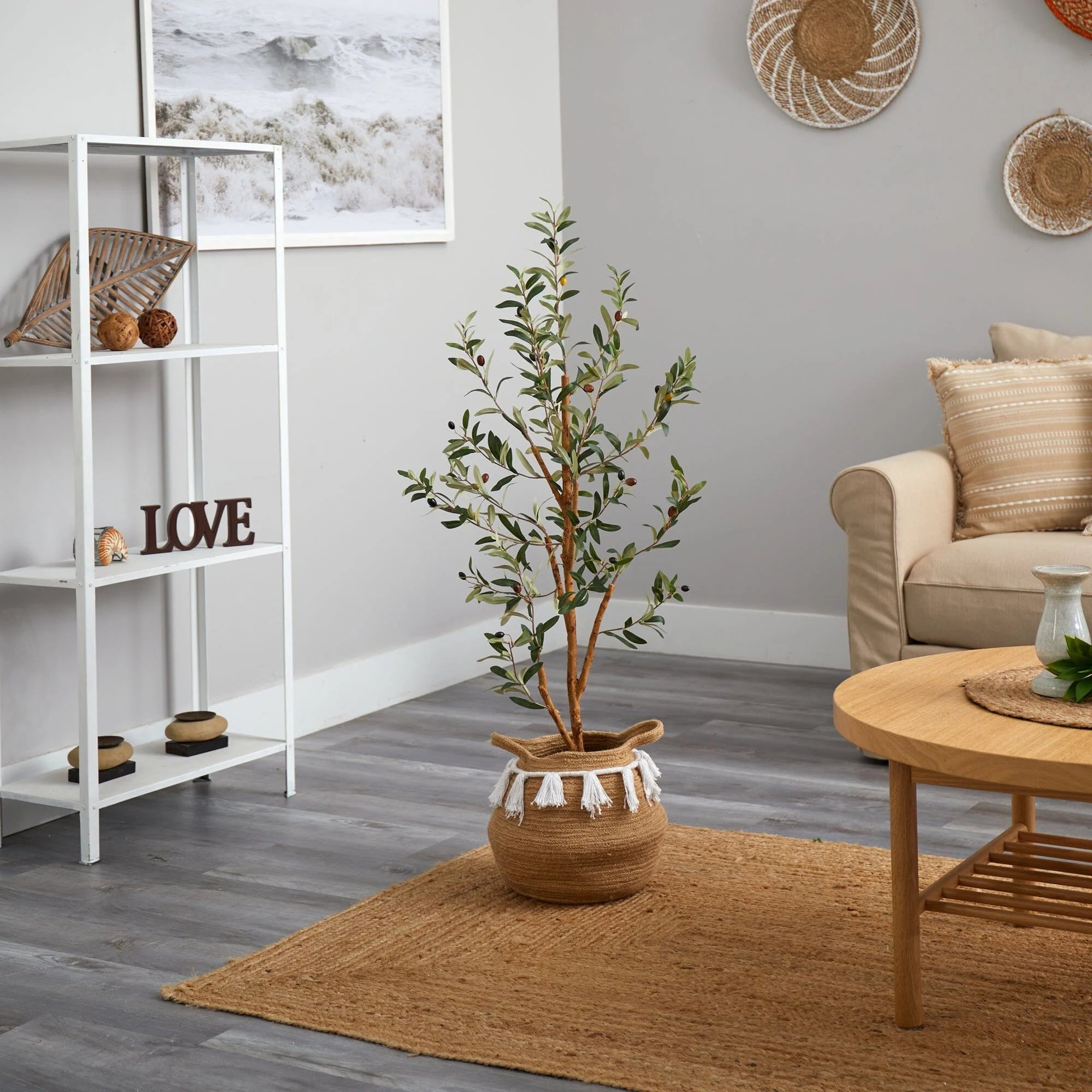 3.5’ Artificial Olive Tree with Handmade Jute & Cotton Basket with Tassels - Image 4