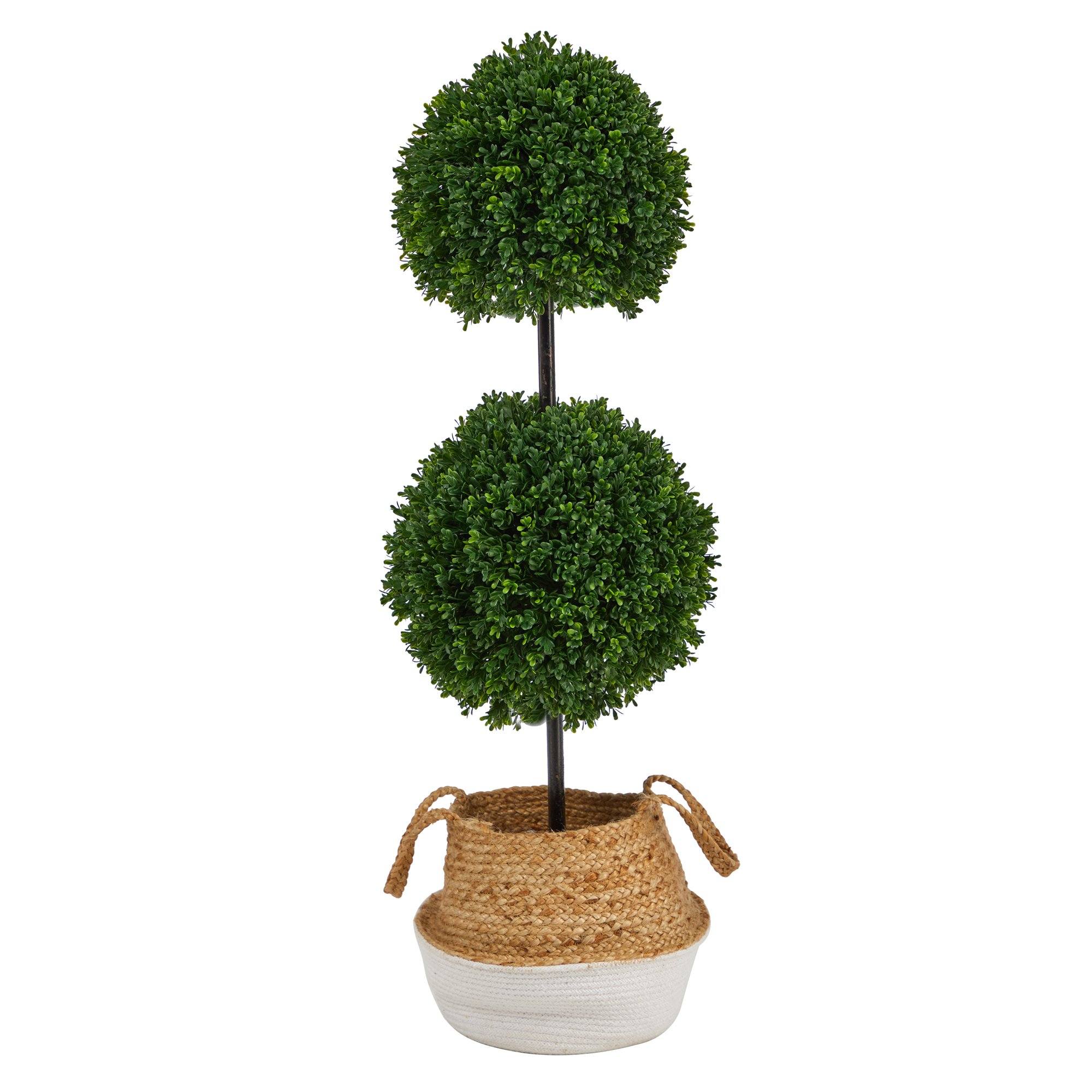 3.5’ Boxwood Double Ball Topiary Tree in Boho Chic Handmade Cotton & Jute Planter UV Resistant - Image 2