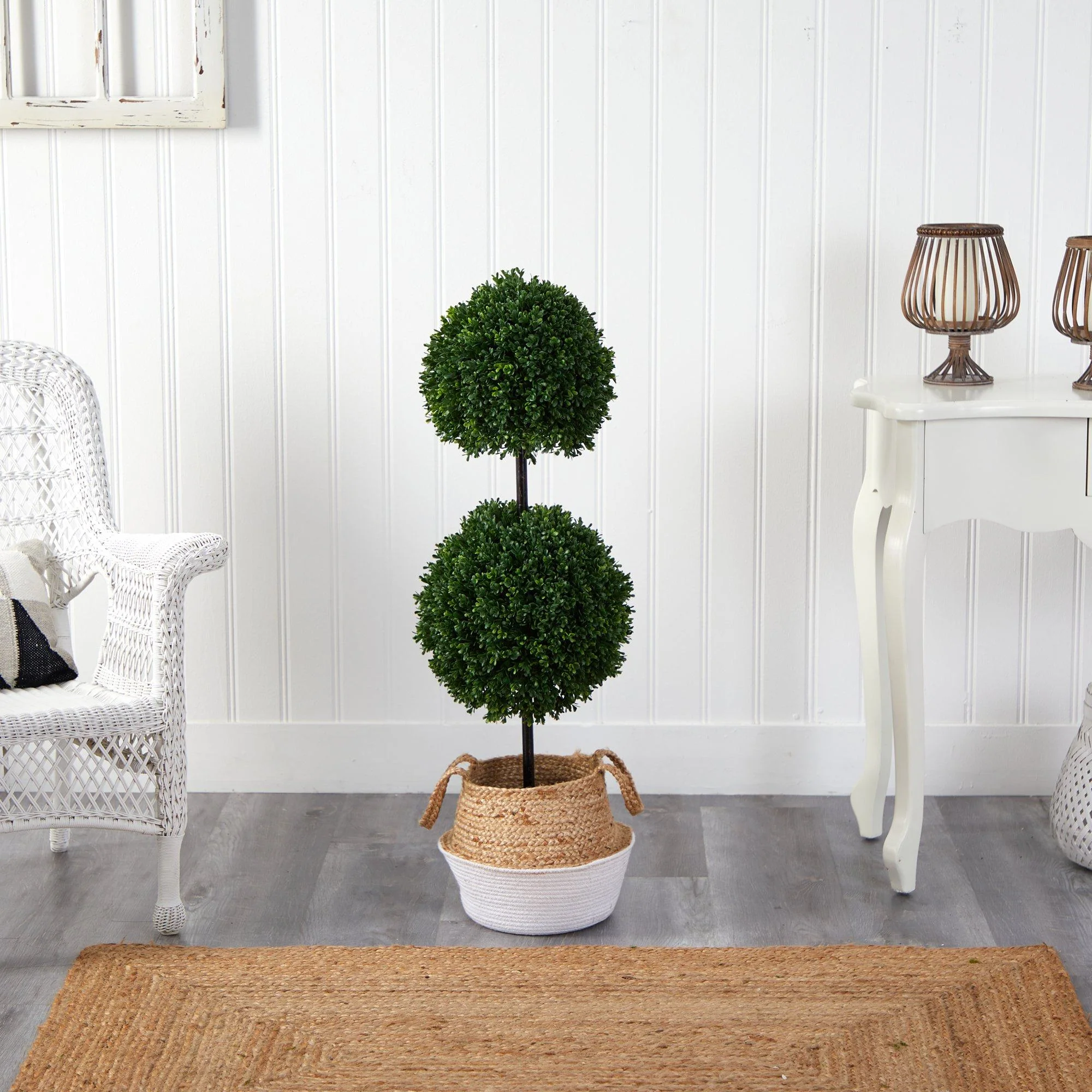 3.5’ Boxwood Double Ball Topiary Tree in Boho Chic Handmade Cotton & Jute Planter UV Resistant - Image 3