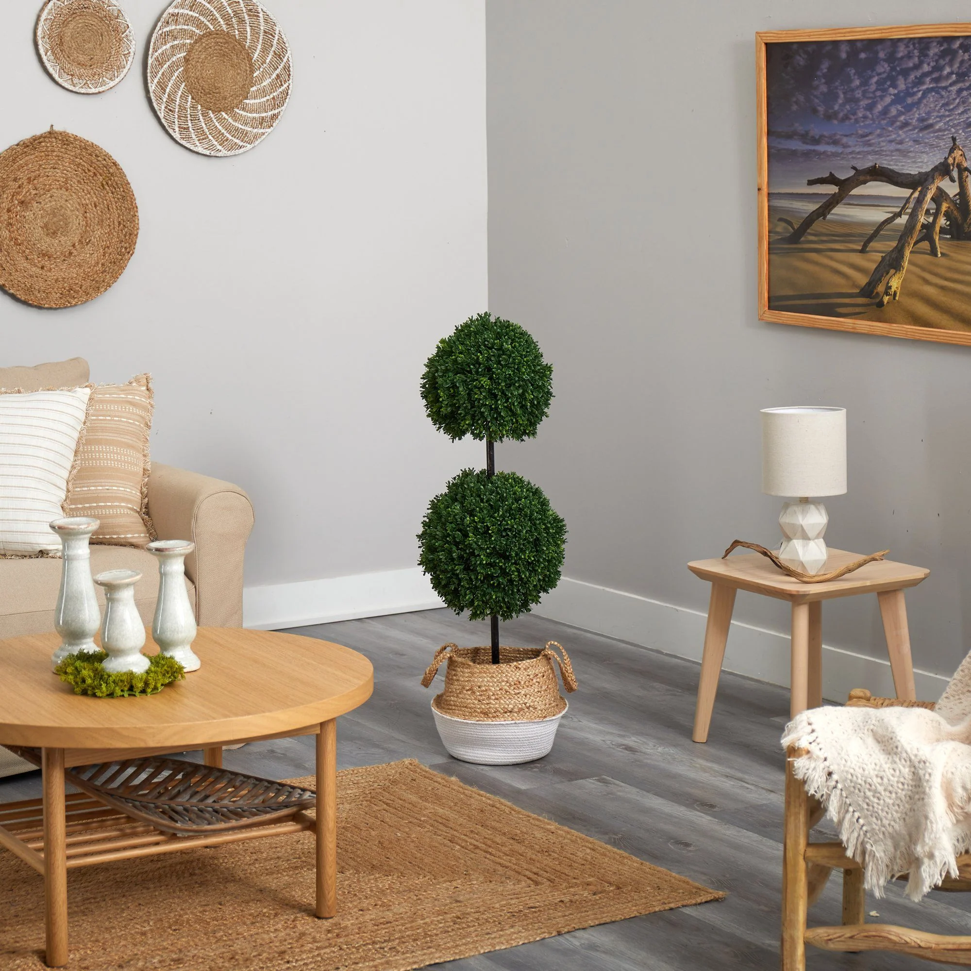 3.5’ Boxwood Double Ball Topiary Tree in Boho Chic Handmade Cotton & Jute Planter UV Resistant - Image 4