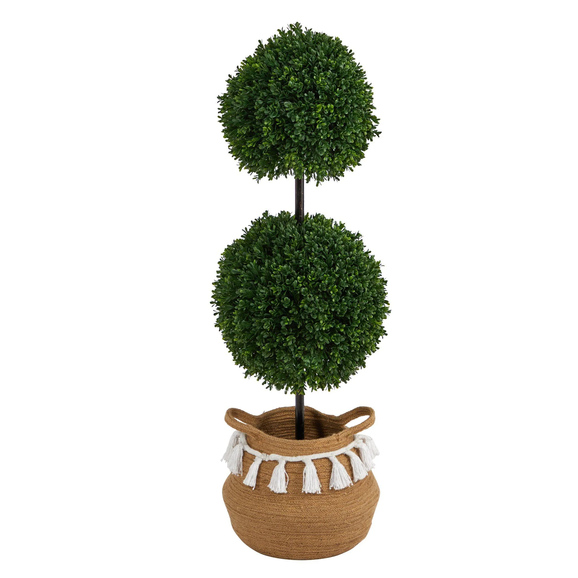 3.5’ Boxwood Double Ball Topiary Tree in Boho Chic Handmade Natural Planter UV Resistant - Image 2