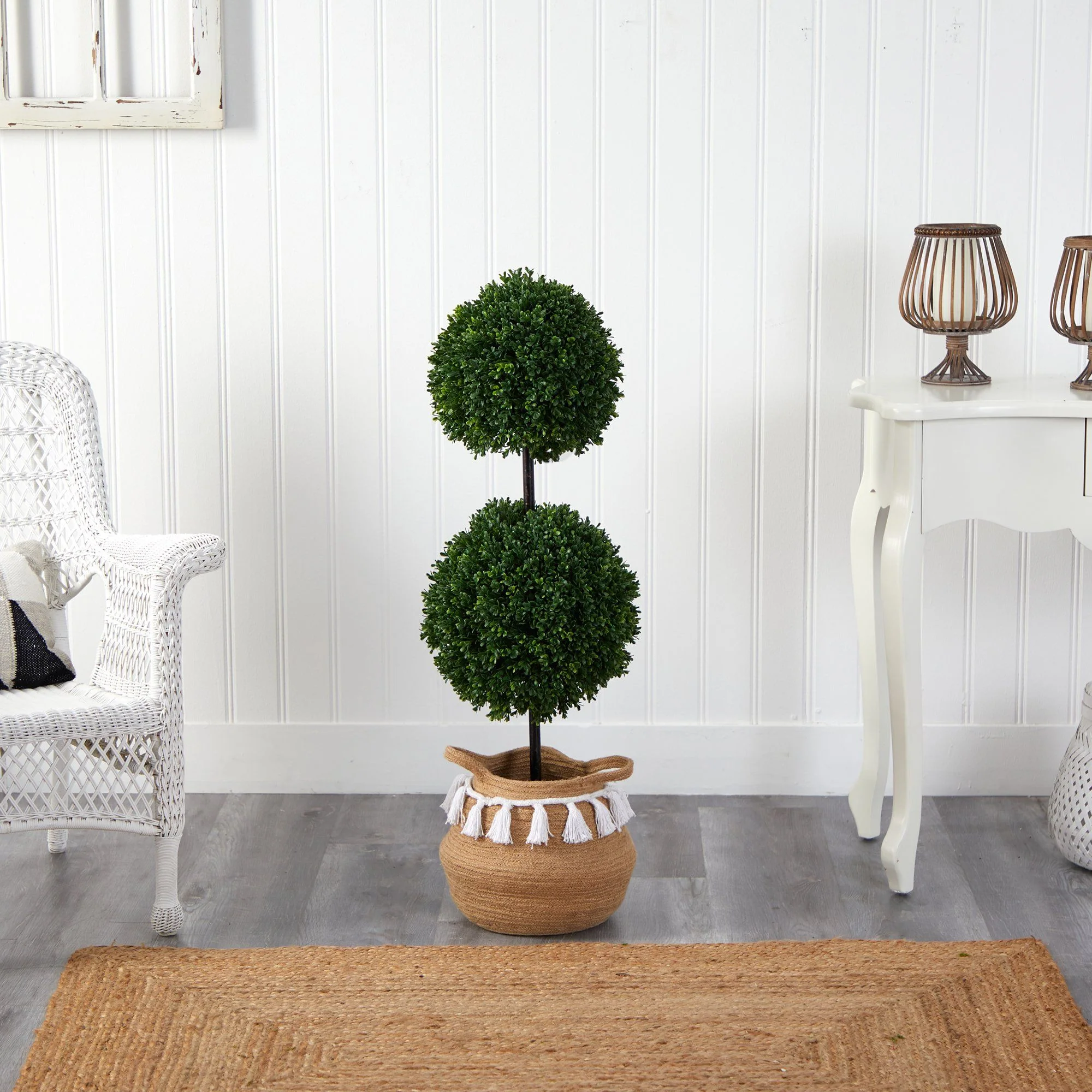 3.5’ Boxwood Double Ball Topiary Tree in Boho Chic Handmade Natural Planter UV Resistant - Image 3