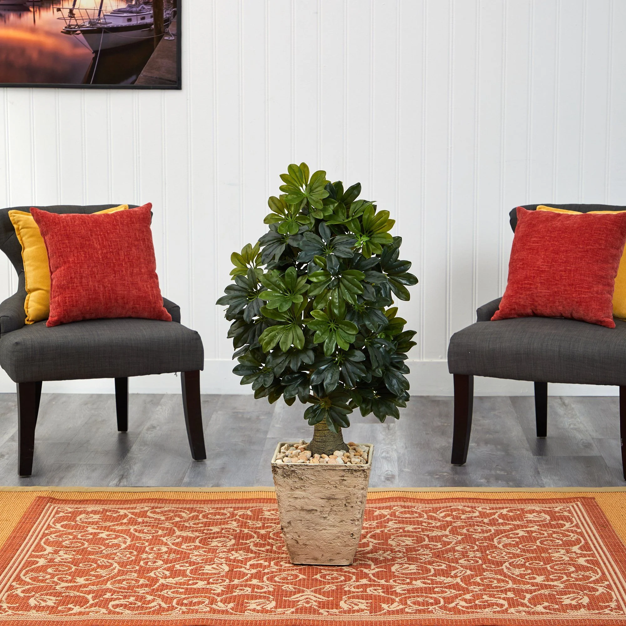 3.5’ Schefflera Artificial Tree in Country White Planter (Real Touch) - Image 3