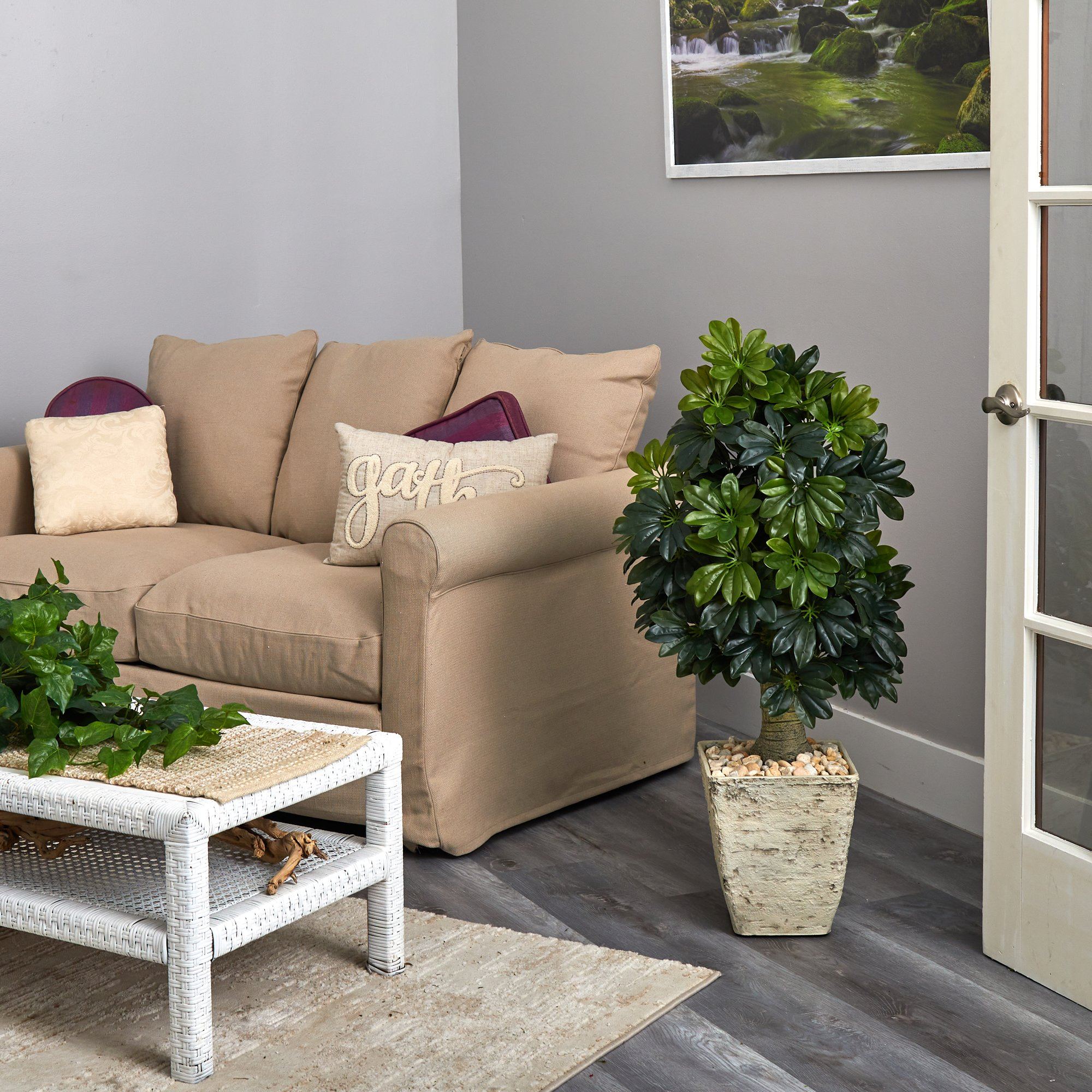 3.5’ Schefflera Artificial Tree in Country White Planter (Real Touch) - Image 4