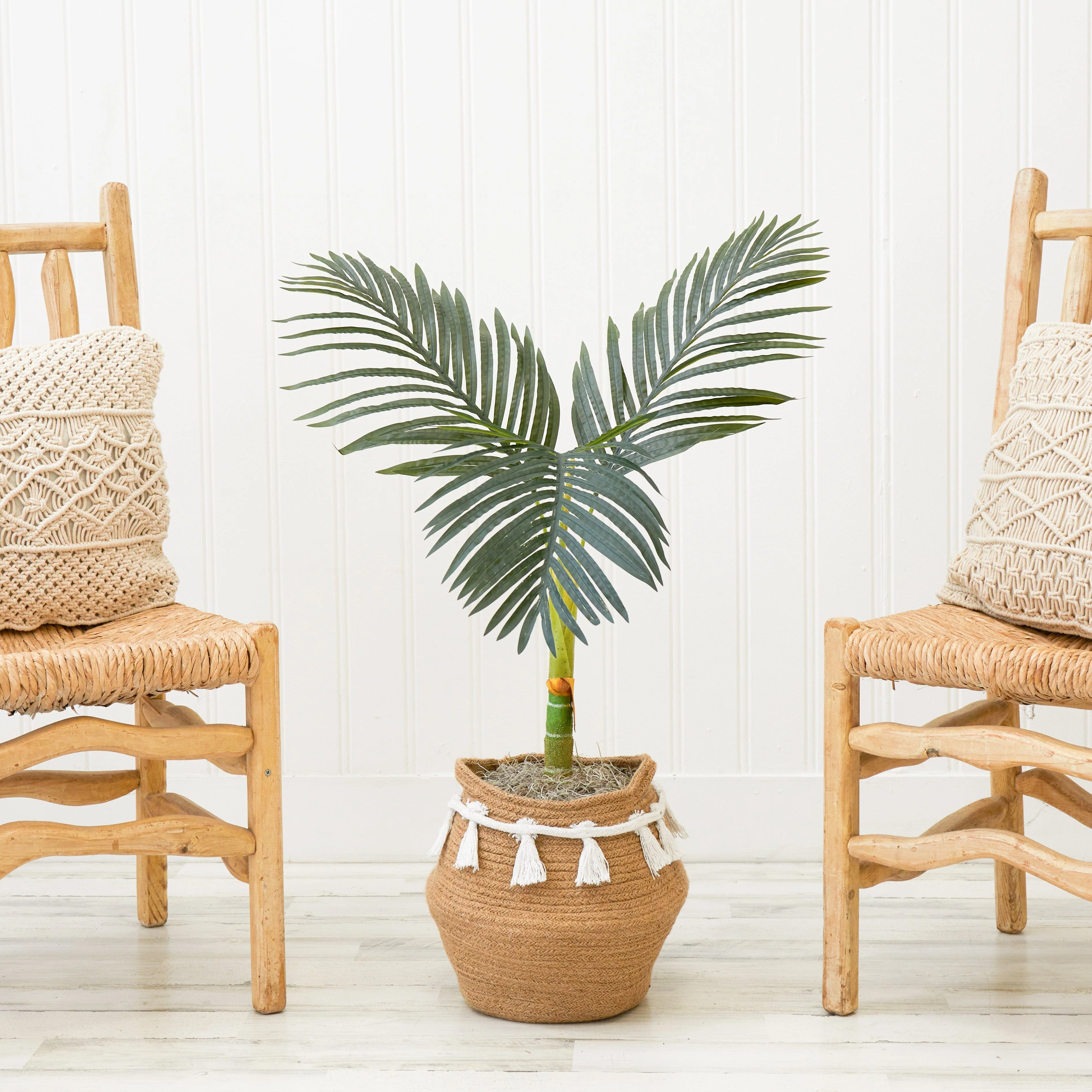 3' Artificial Golden Cane Palm Tree with Handmade Jute & Cotton Basket with Tassels DIY KIT - Image 2
