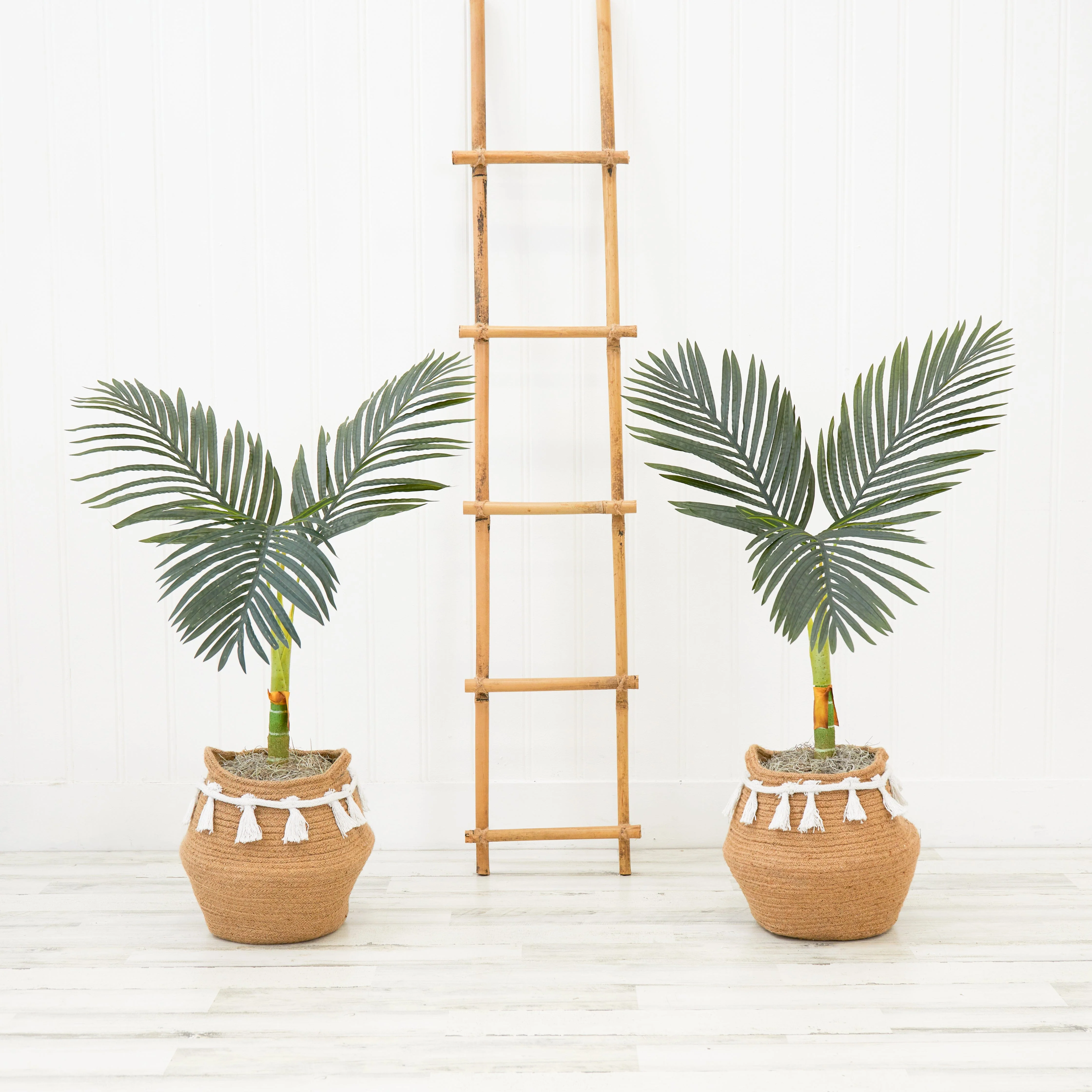 3' Artificial Golden Cane Palm Tree with Handmade Jute & Cotton Basket with Tassels DIY KIT - Set of 2 - Image 2