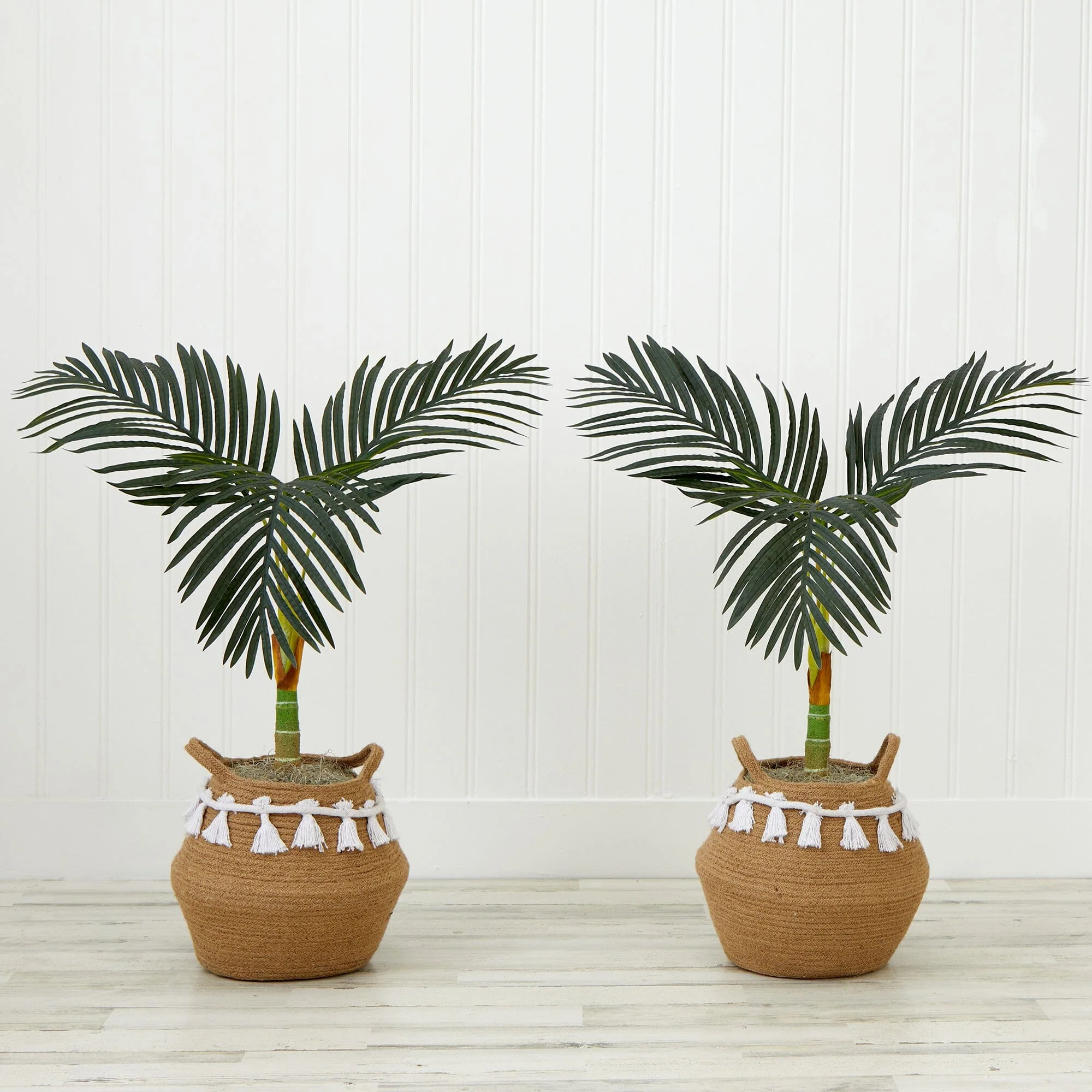3' Artificial Golden Cane Palm Tree with Handmade Jute & Cotton Basket with Tassels DIY KIT - Set of 2 - Image 4