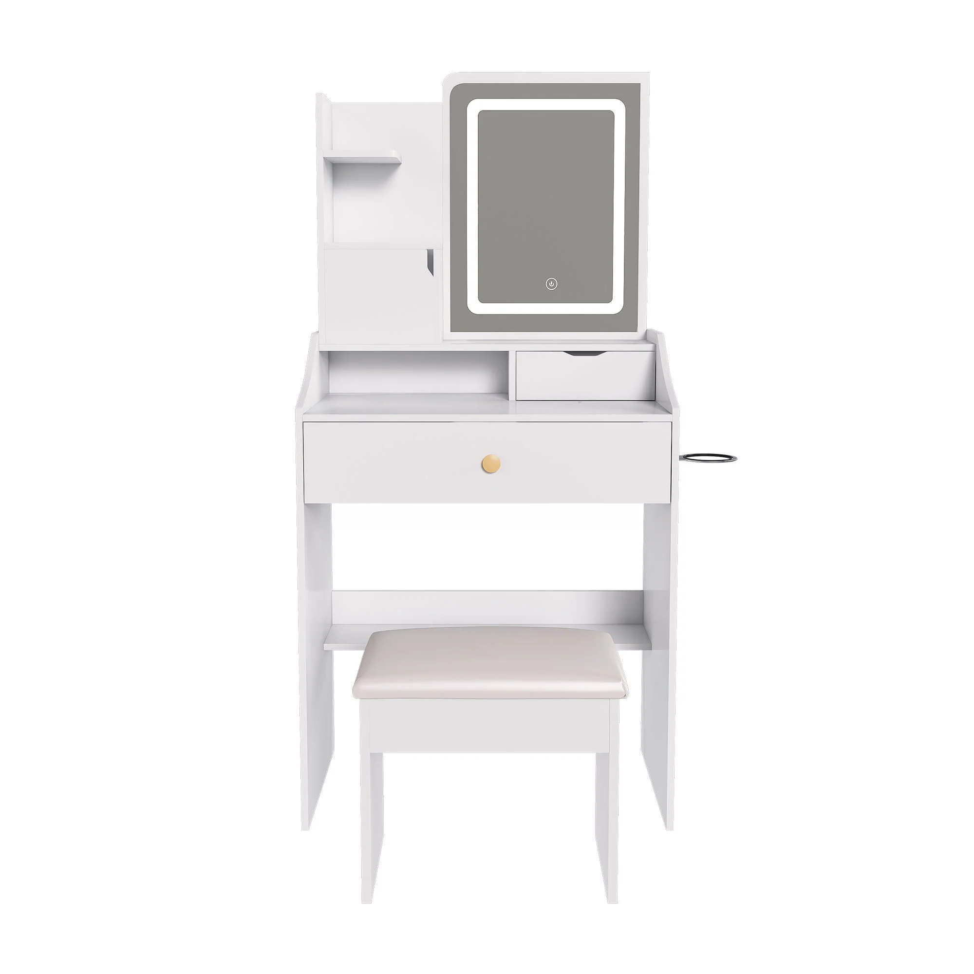3 Color LED Vanity Mirror With Stool, 2 Drawers & 5 Storage Cabinets, Adjustable Lighting - White