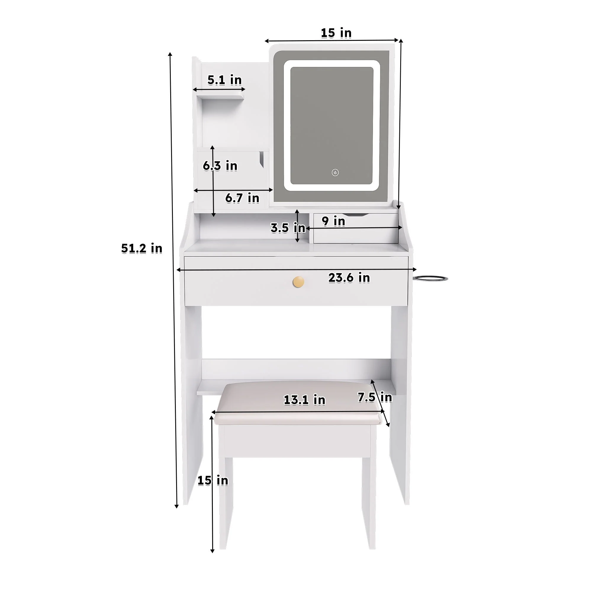3 Color LED Vanity Mirror With Stool, 2 Drawers & 5 Storage Cabinets, Adjustable Lighting - White - Image 2