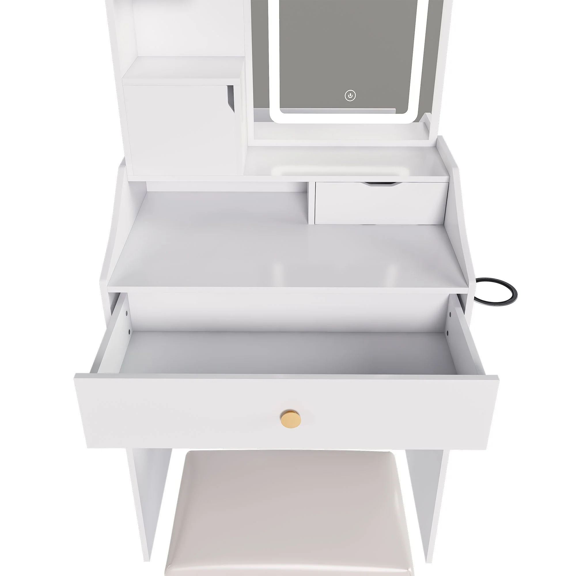 3 Color LED Vanity Mirror With Stool, 2 Drawers & 5 Storage Cabinets, Adjustable Lighting - White - Image 4