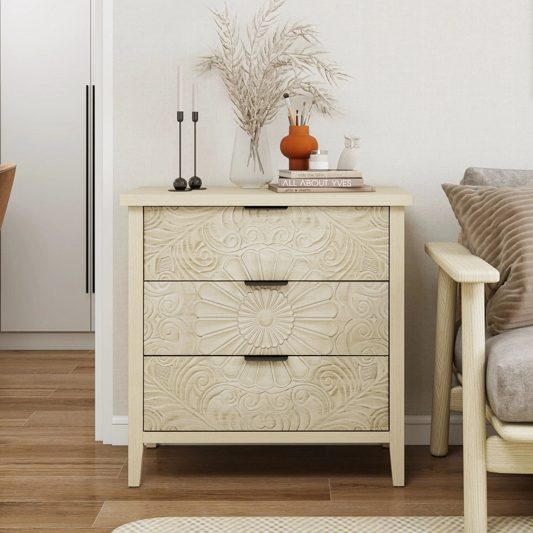 3 Drawer Cabinet, American Furniture, Suitable For Bedroom, Living Room, Study - Natural - Image 11