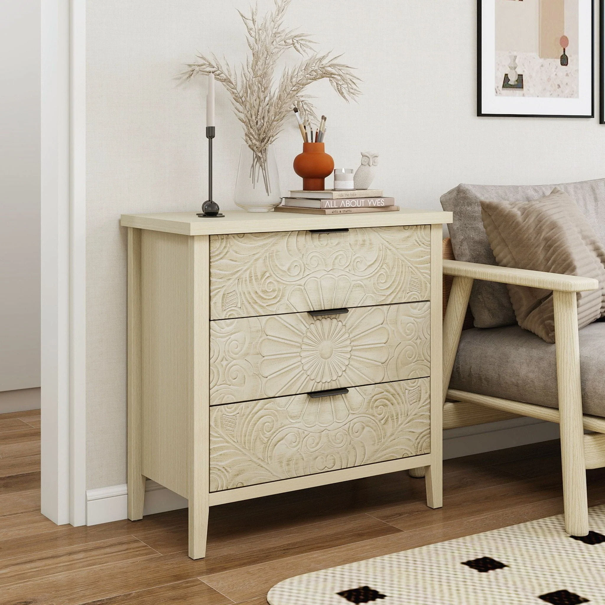 3 Drawer Cabinet, American Furniture, Suitable For Bedroom, Living Room, Study - Natural - Image 23
