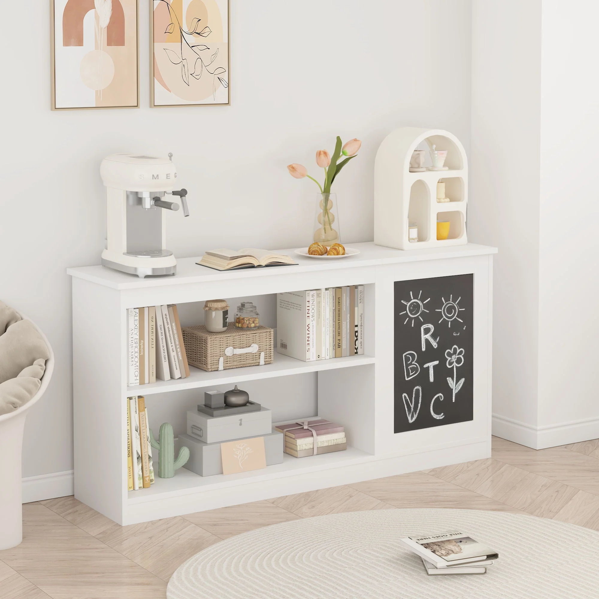 3 In 1 Bookshelf And Toy Storage Cabinet With Chalkboard, Organizer For Playroom Featuring And Spacious Storage - White - Image 2