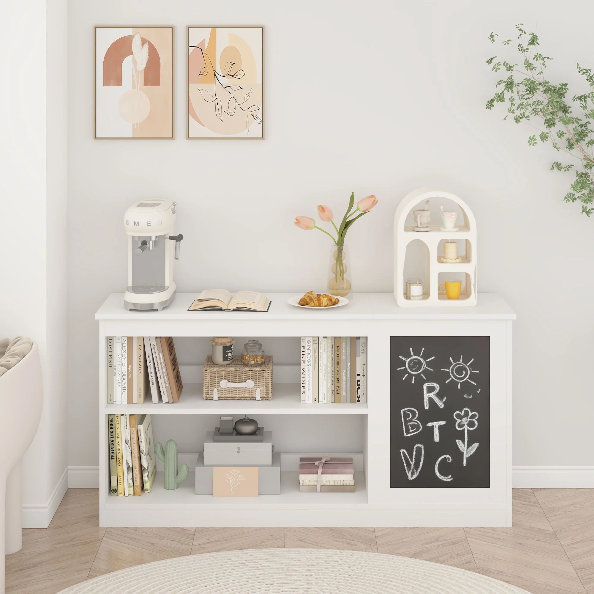 3 In 1 Bookshelf And Toy Storage Cabinet With Chalkboard, Organizer For Playroom Featuring And Spacious Storage - White - Image 4
