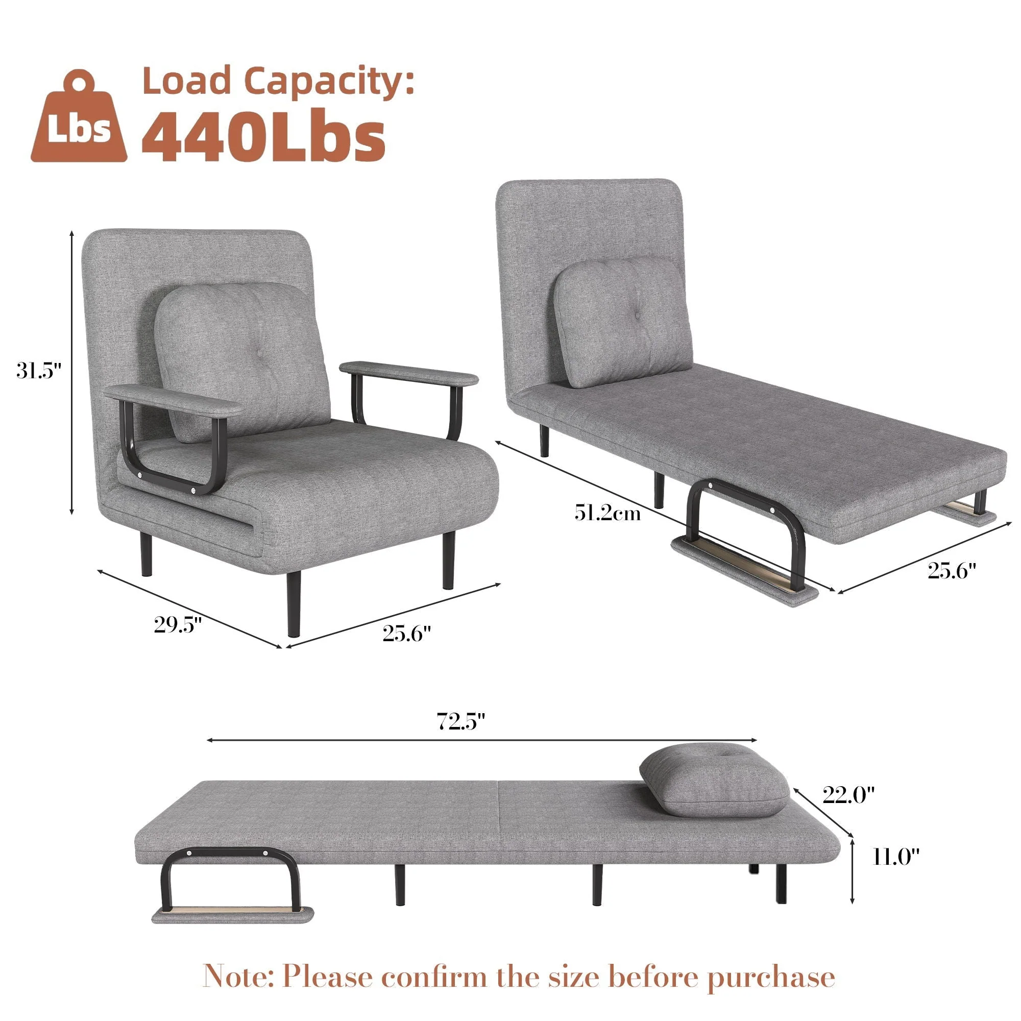 3 In 1 Convertible Folding Sofa Bed With Adjustable Backrest And Pillow - Image 6