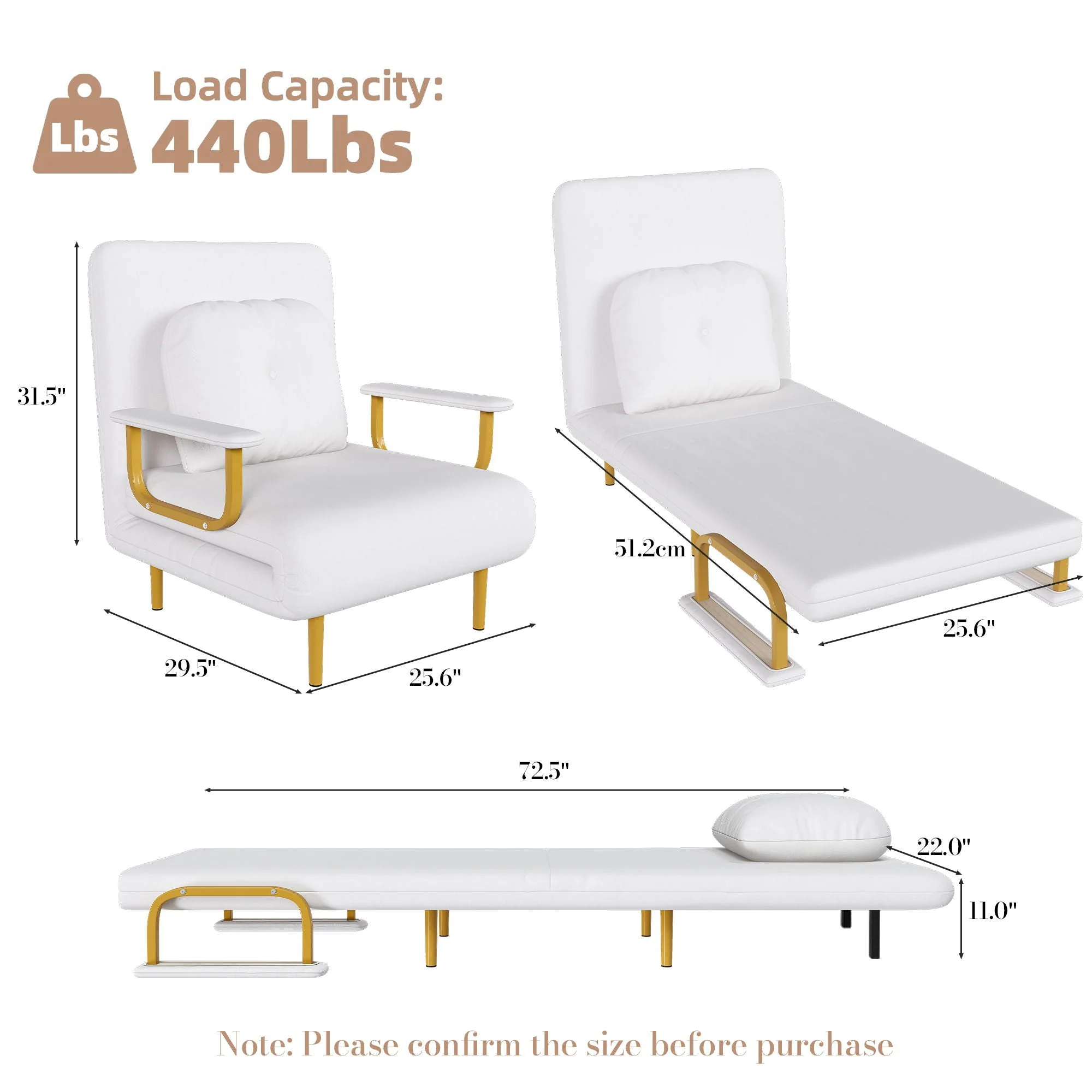 3 In 1 Convertible Folding Sofa Bed With Adjustable Backrest And Pillow - Image 8