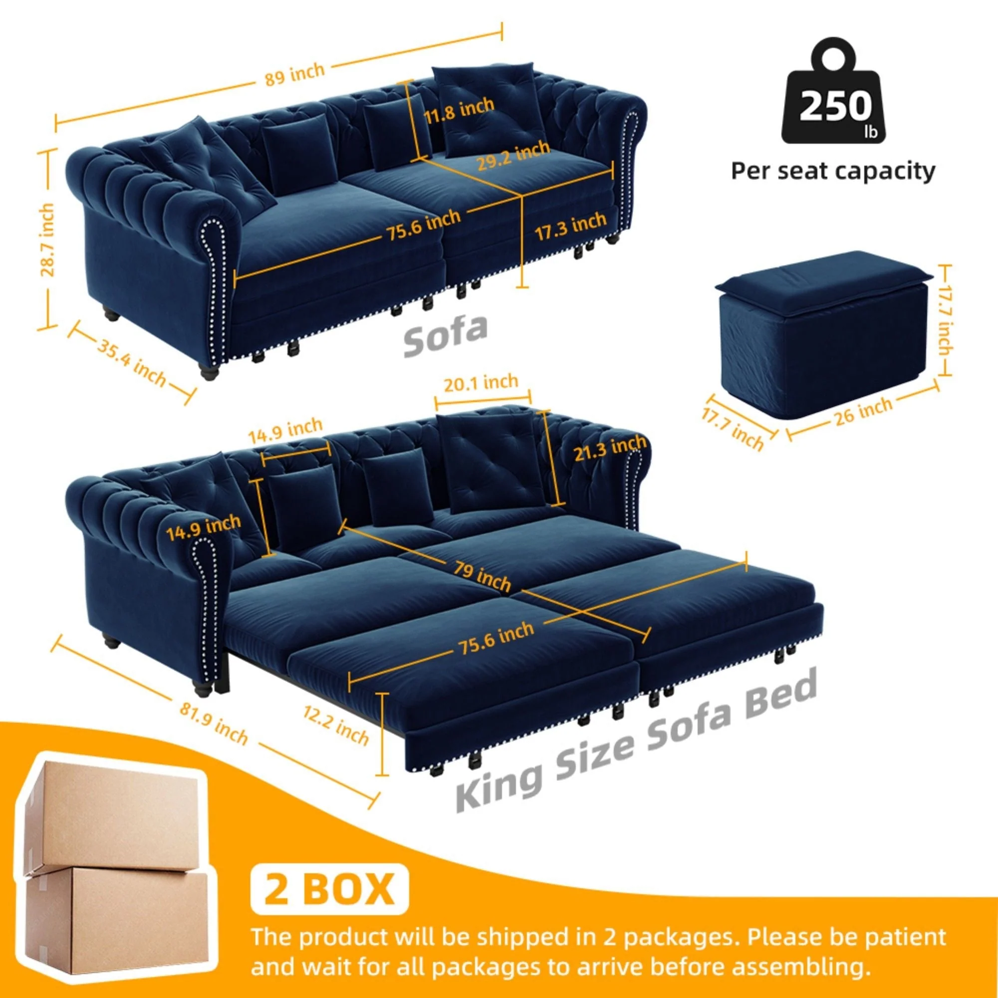 3 In 1 Convertible Sleeper Sofa Bed With Movable Ottoman - Image 10