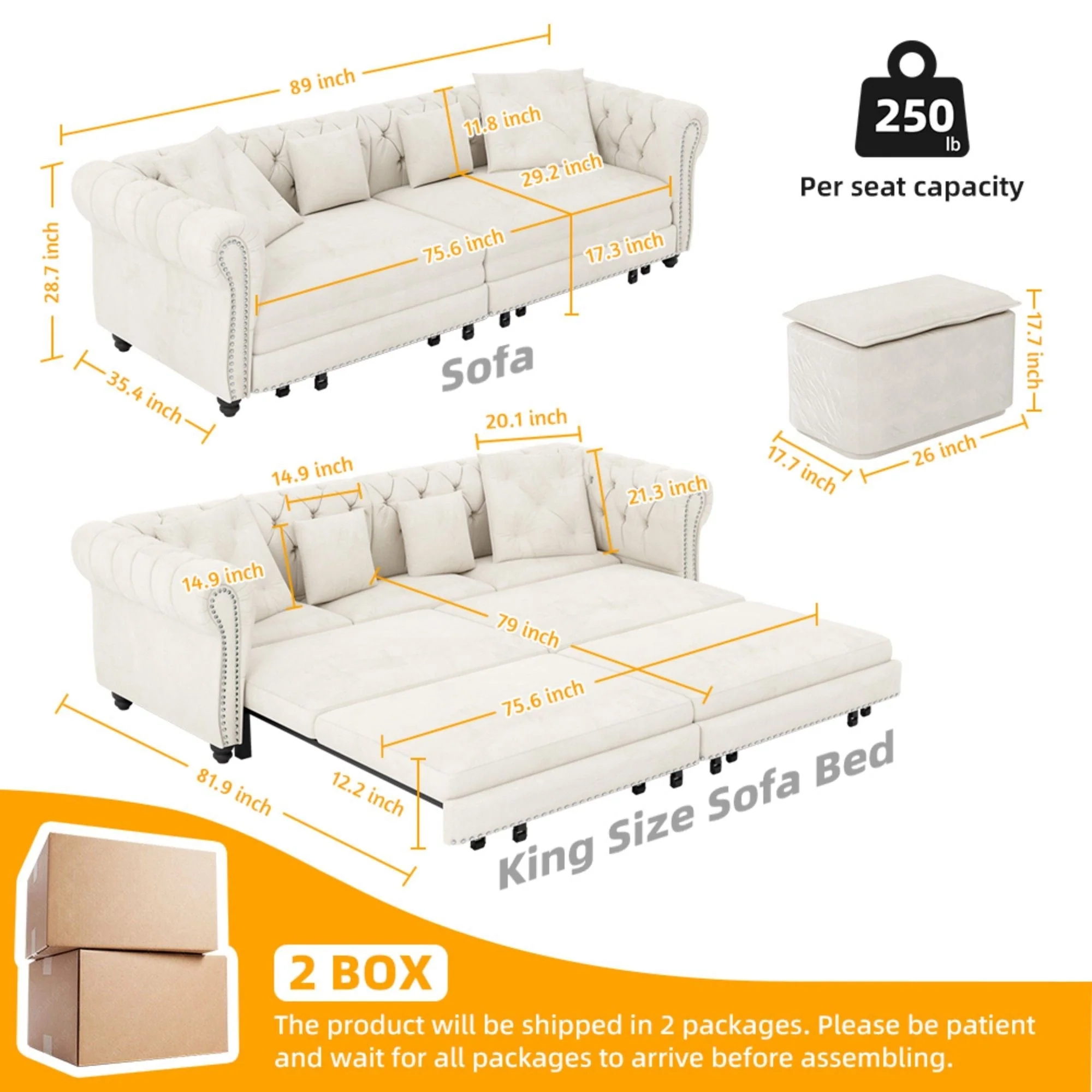 3 In 1 Convertible Sleeper Sofa Bed With Movable Ottoman - Image 17