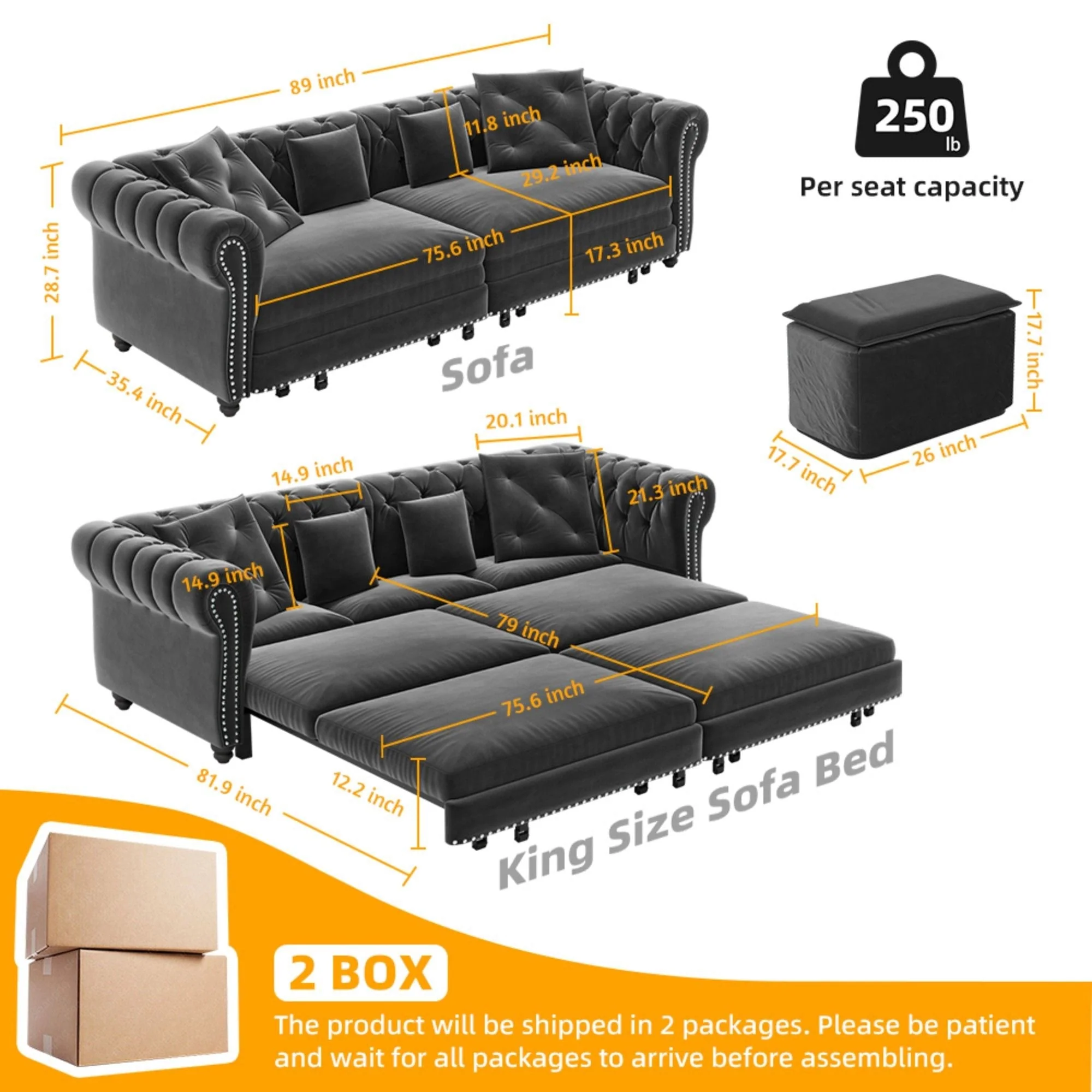 3 In 1 Convertible Sleeper Sofa Bed With Movable Ottoman - Image 19