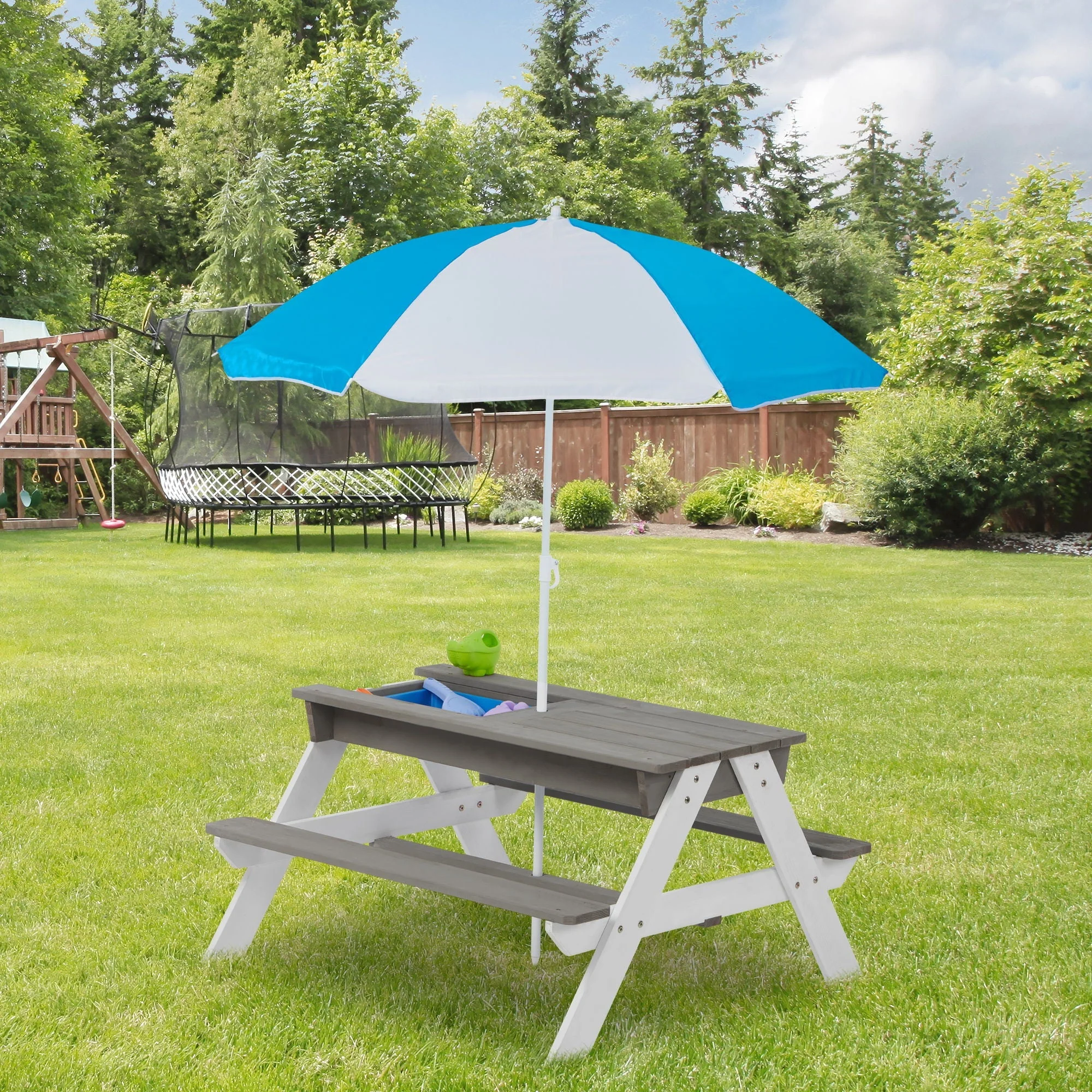 3-In-1 Kids Outdoor Wooden Picnic Table With Umbrella, Convertible Sand & Water, ASTM & CPSIA Certification - Image 4