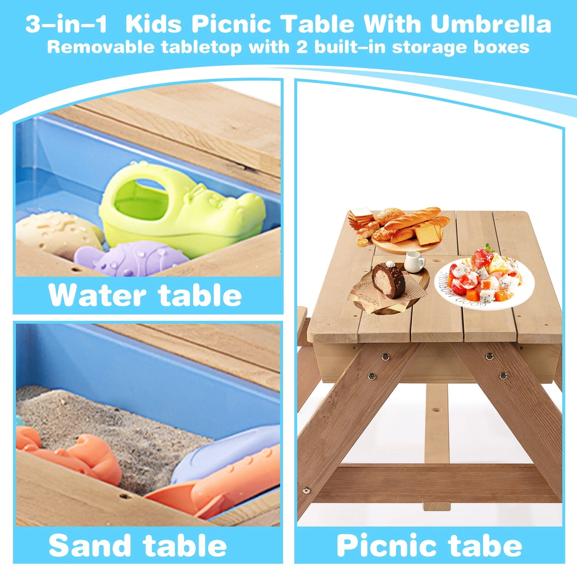 3-In-1 Kids Outdoor Wooden Picnic Table With Umbrella, Convertible Sand & Water, ASTM & CPSIA Certification - Image 5
