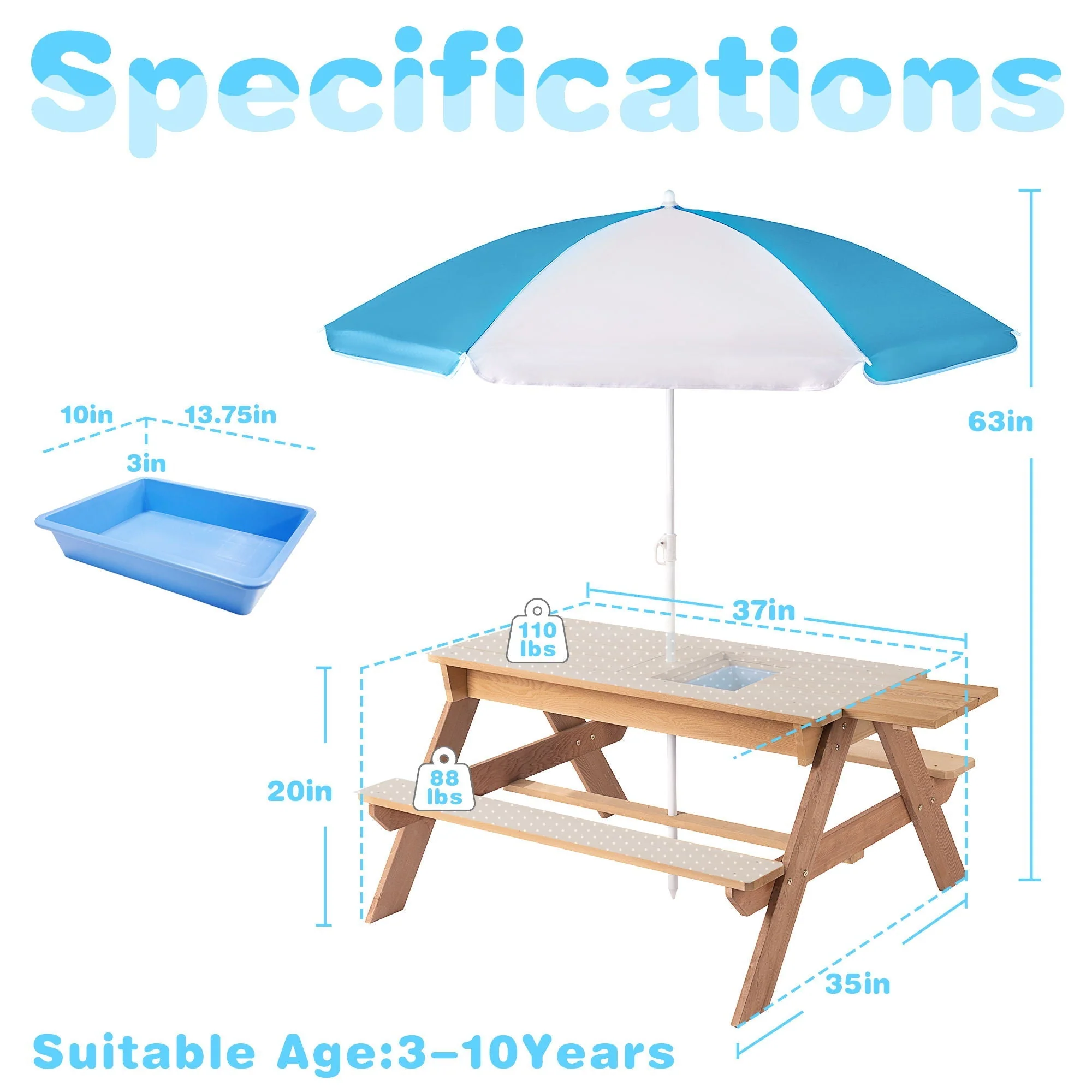 3-In-1 Kids Outdoor Wooden Picnic Table With Umbrella, Convertible Sand & Water, ASTM & CPSIA Certification - Image 6